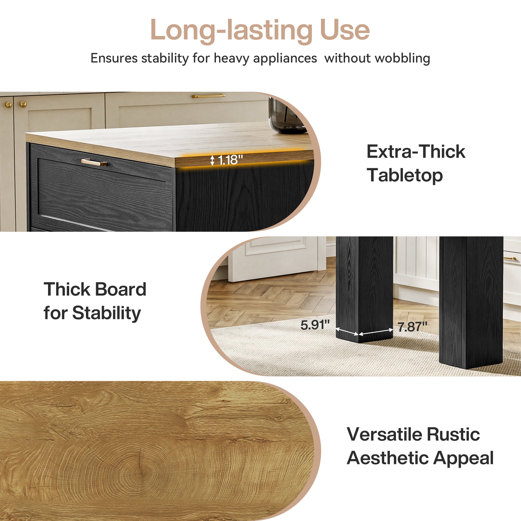 78.7" Extra Long Kitchen Island with 3 Drawers, Modern Prep Table, Large Leg Room