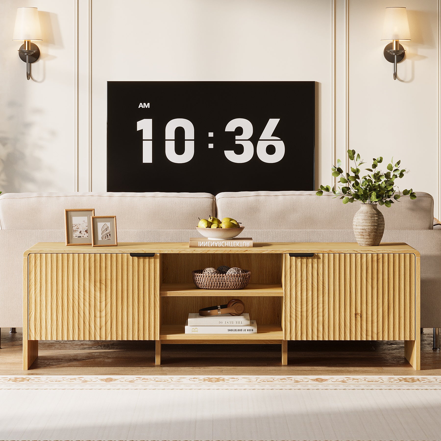 63" Fluted TV Stand with Storage Cabinet and Shelf for TVs up to 75"