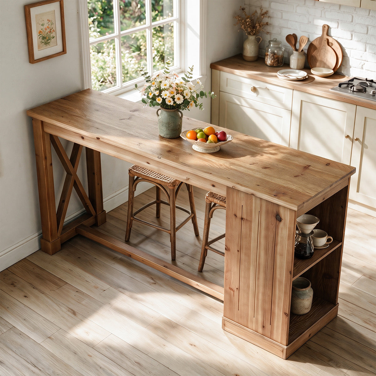 63" Counter Height Bar Table, Farmhouse Solid Wood, Rectangular with 2-Tier Storage