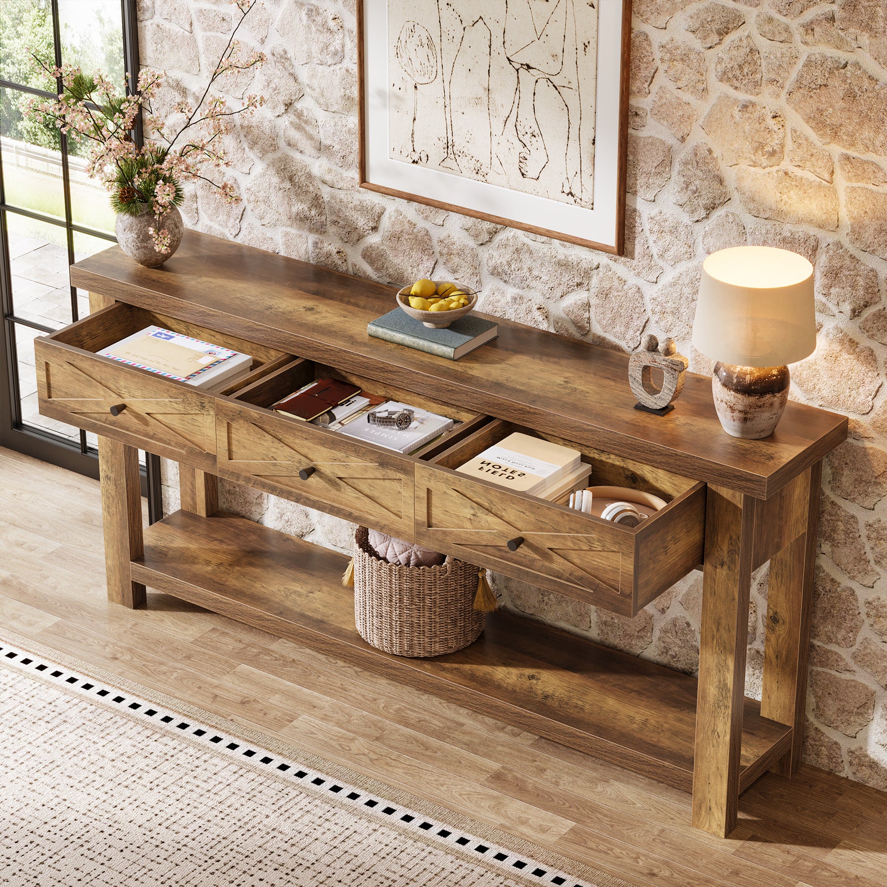 70.9” Console Table with 3 Drawers, Narrow Sofa Table with Shelf