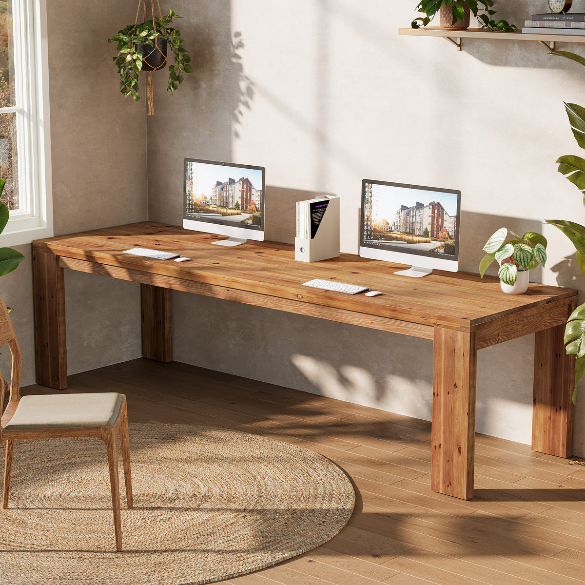 Solid Wood 2-Person Desk, 78.7" Computer Desk with Chunky Wood Legs for Home Office