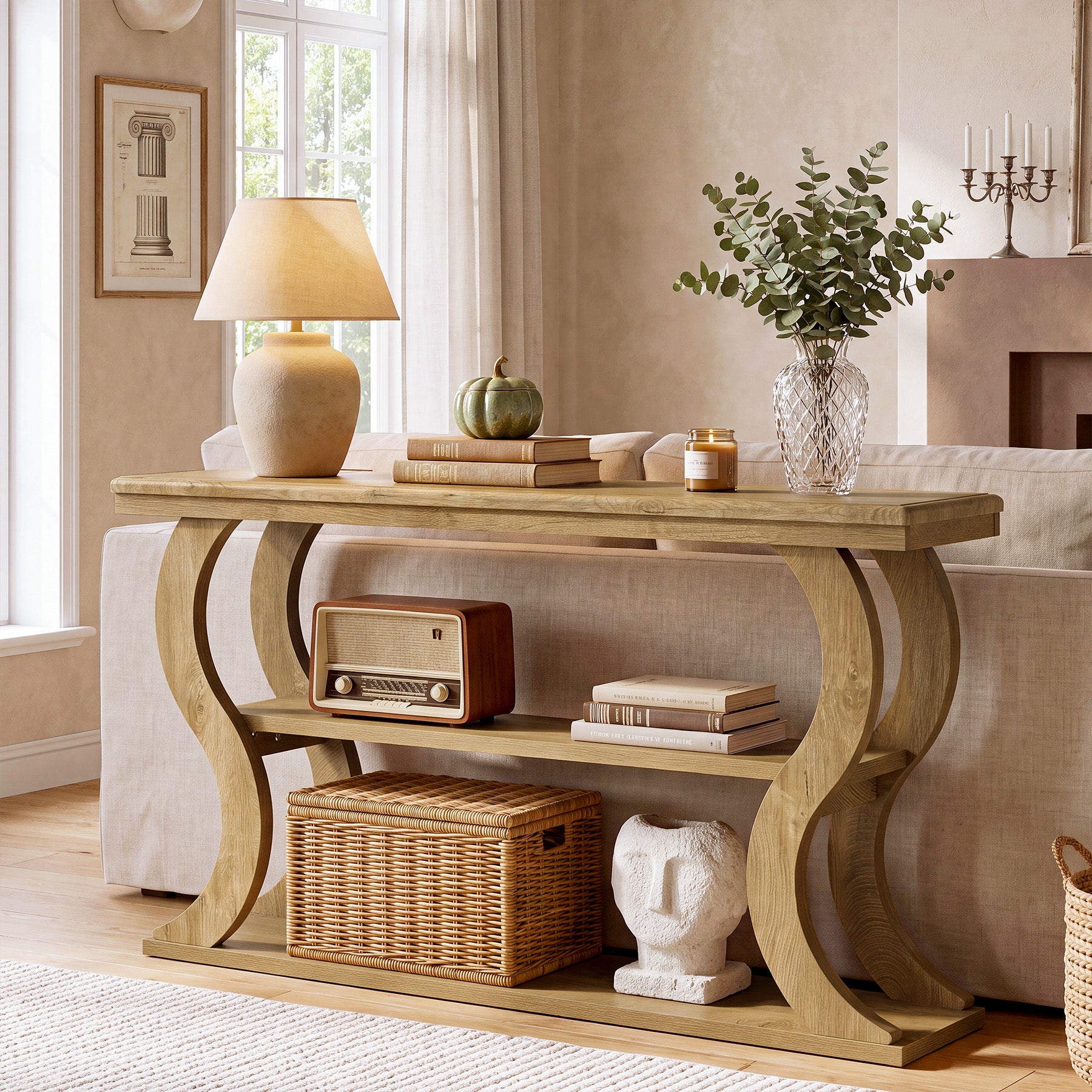 55" Console Table, Farmhouse Entryway Table Sofa Tables with 3-Tier Storage