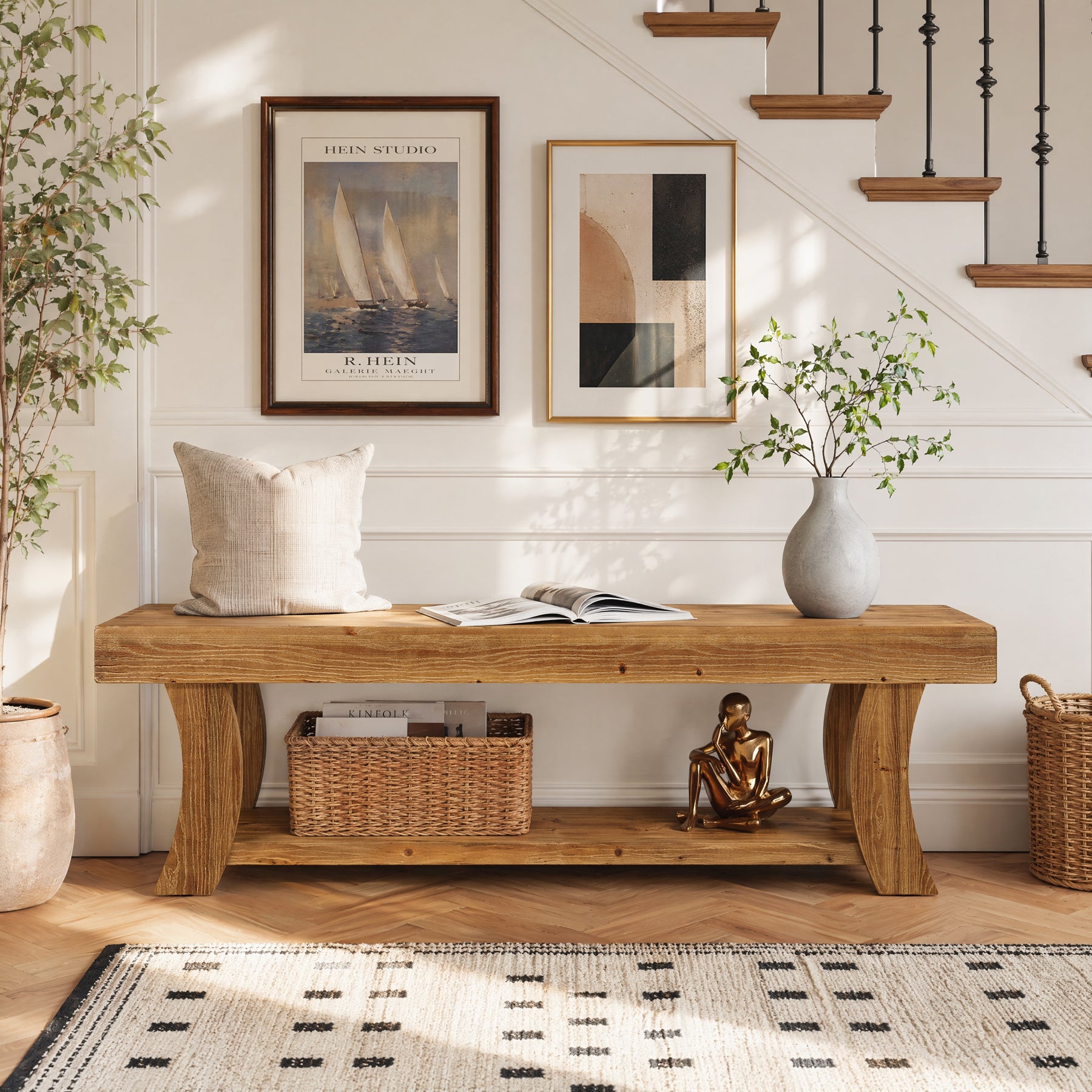 63" Solid Wood Entryway Bench, Narrow Shoe Storage Bench End of Bed Seat for Entryway