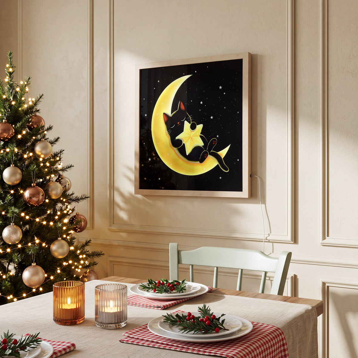 Lighted Framed Wall Art 24"x24" Moon Star Cat Wall Art Remote Control Color Changing LED Wall Decor