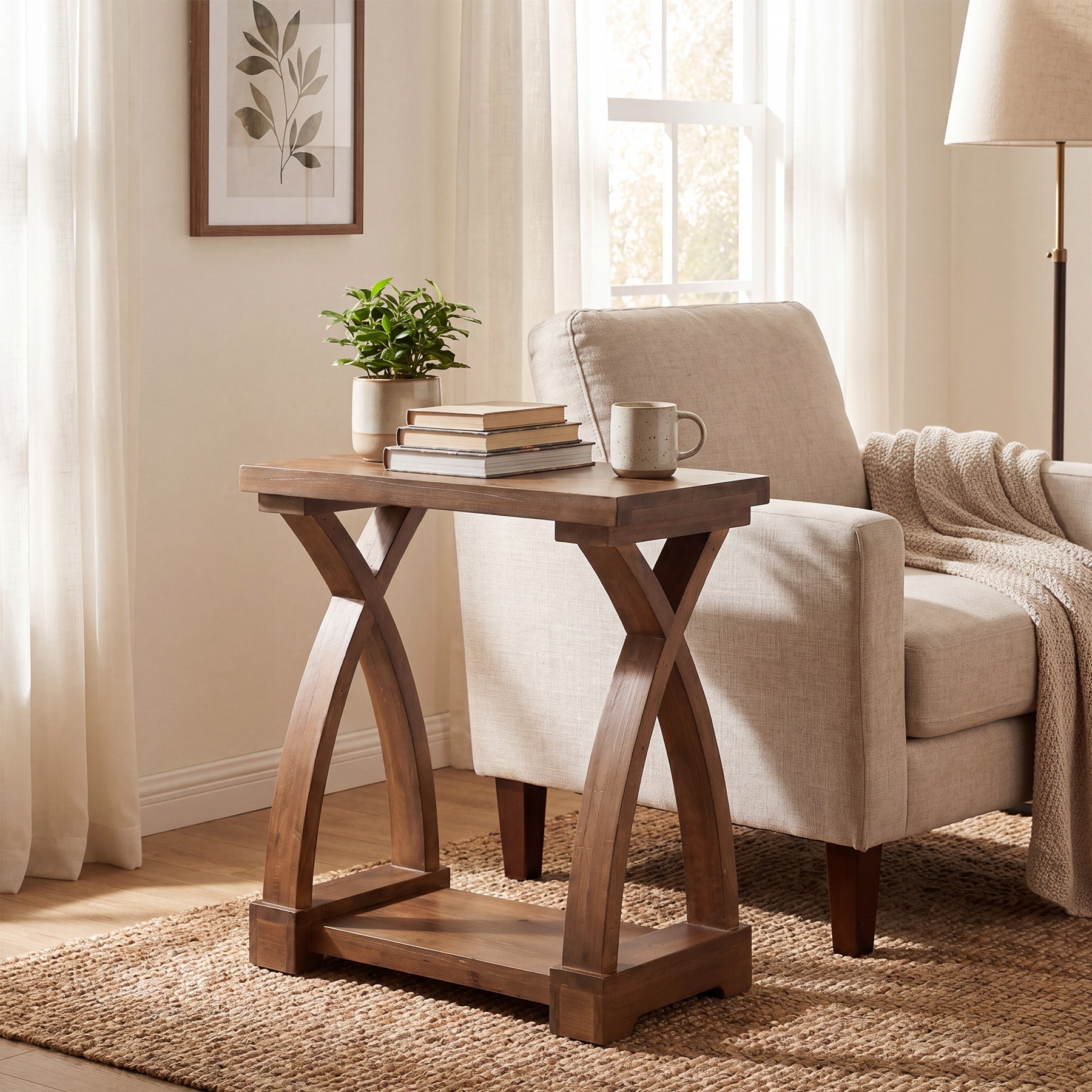 23.62" Solid Wood End Table, 2-Tier Side Table with Curved X-Frame for Small Spaces