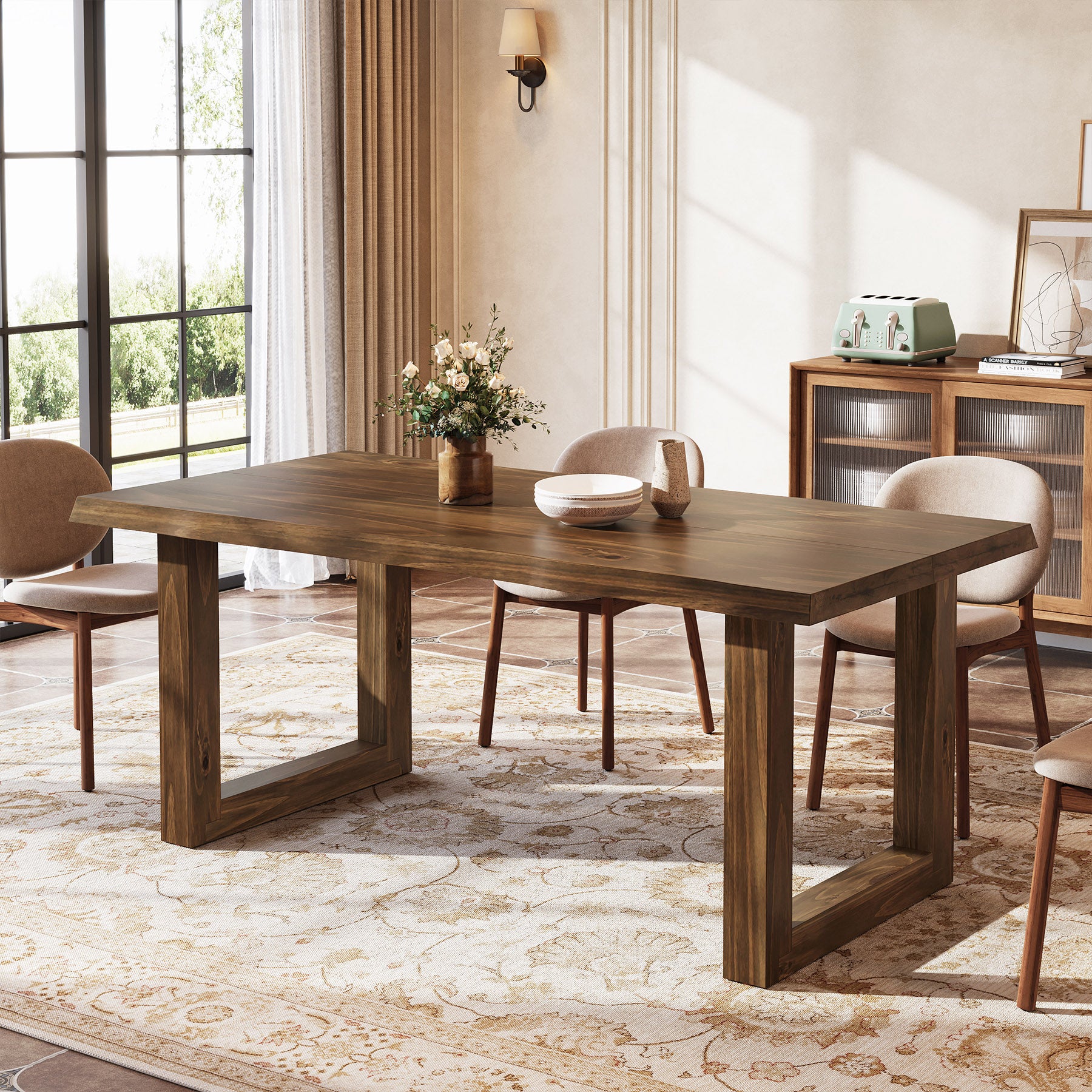 63" Solid Wood Dining Table, Farmhouse Kitchen Table for 4-6 People