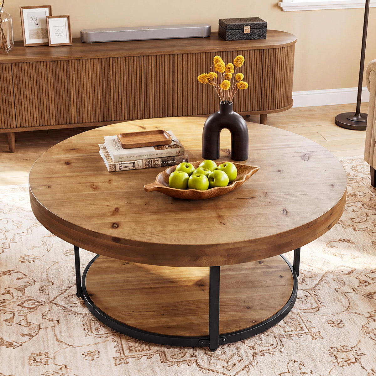 39.17" Solid Wood Round Coffee Table, 2-Tier Center Table with Metal Frame