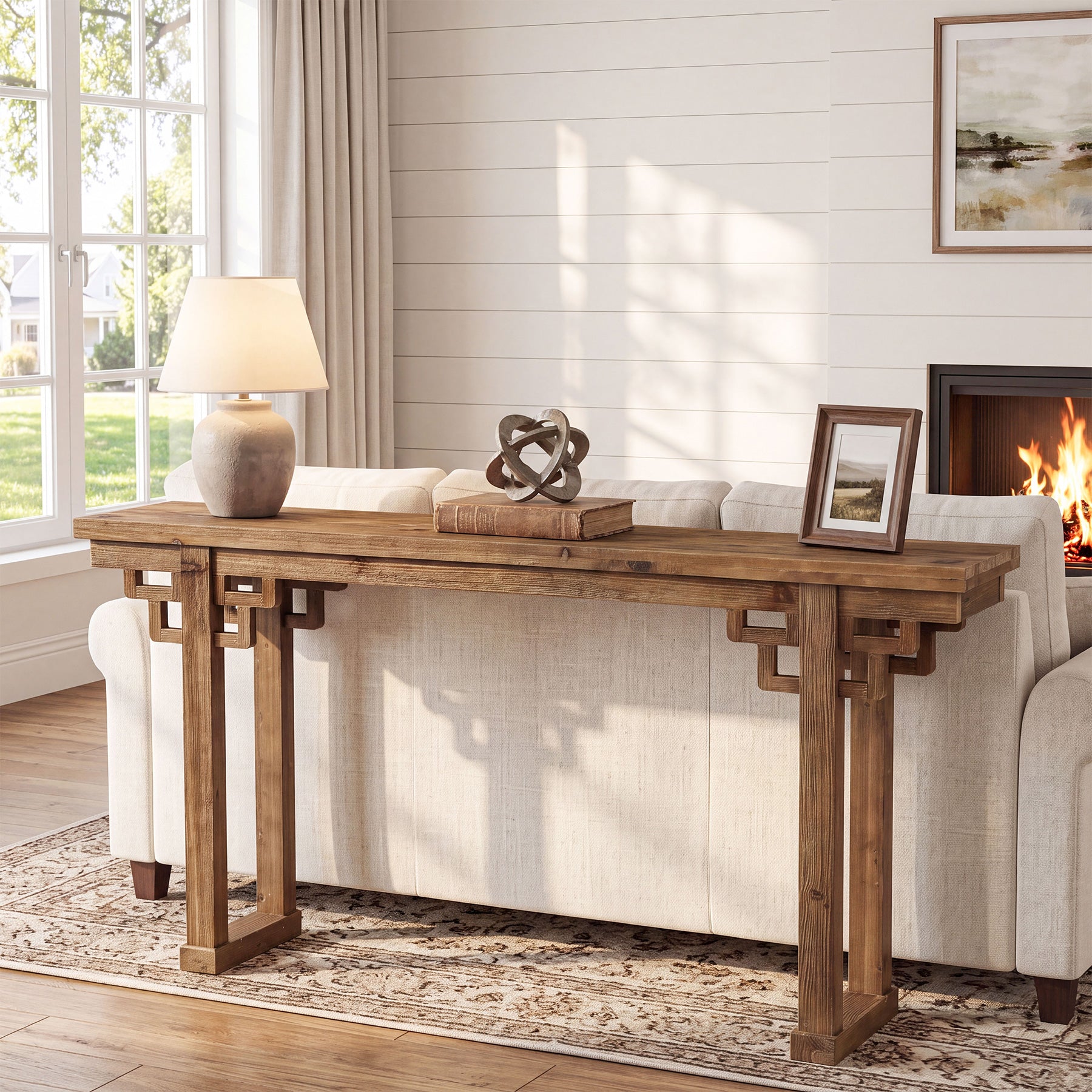 63" Farmhouse Console Table, Solid Wood Entryway Table, Thick Legs & Carved Detail