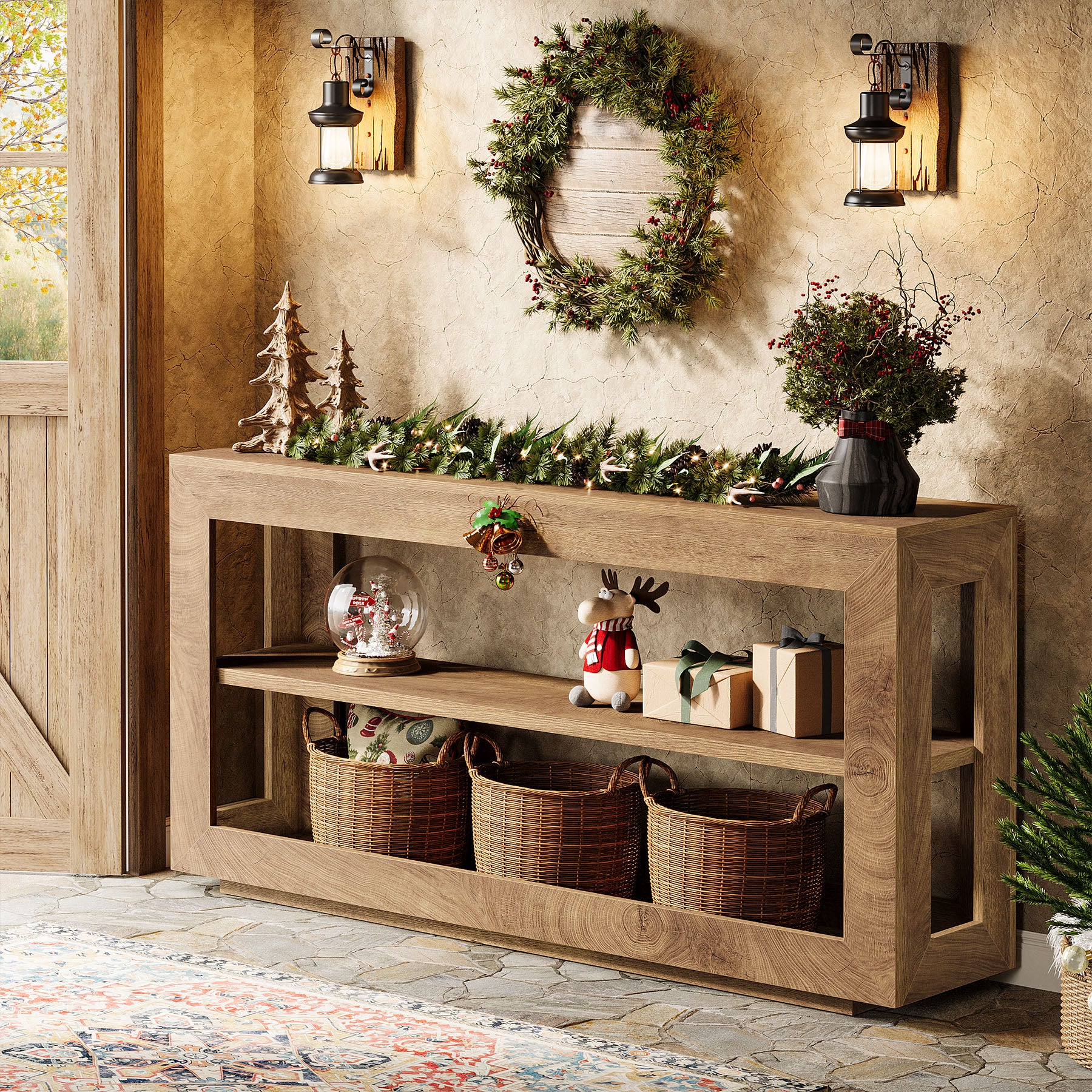 63" Console Table, Farmhouse Entryway Table with 3-Tier Storage Shelf