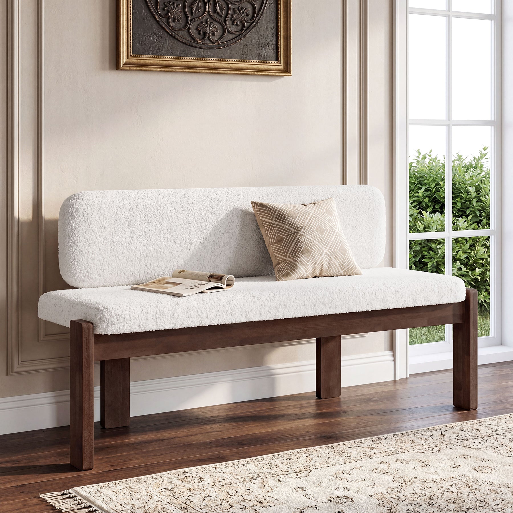 55.12" Upholstered Solid Wood Bench, End of Bed Bench with Backrest
