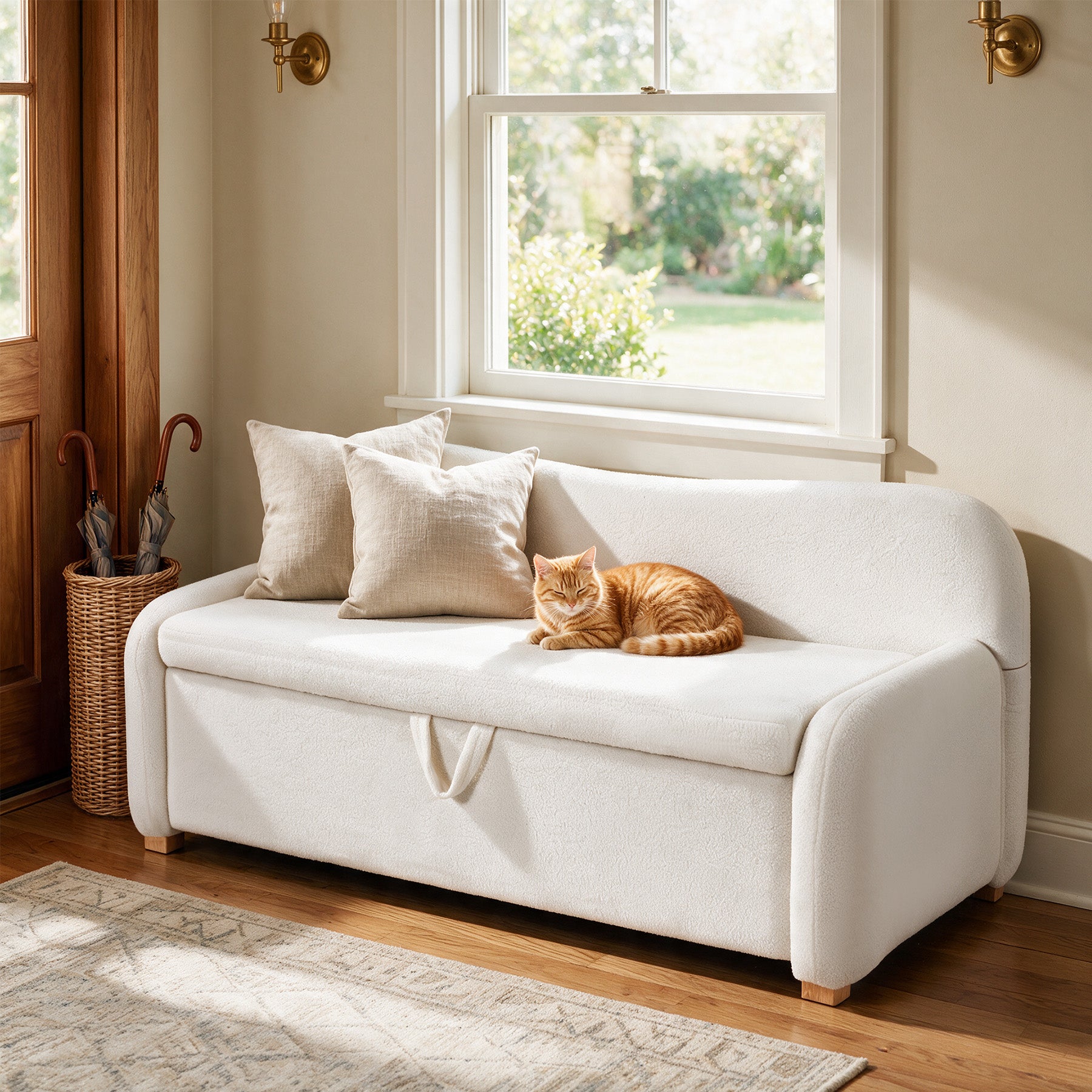 55" Faux Sheepskin Ottoman Bench, White Backrest Storage, End of Bed Bedroom