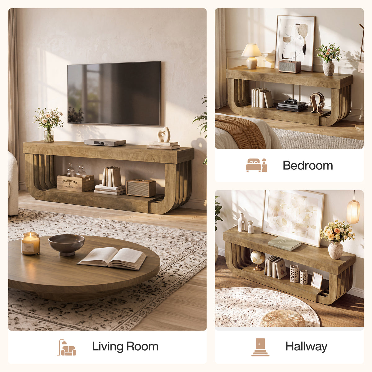 63" TV Stand, Modern Entertainment Center Media Console with Curved Open Storage