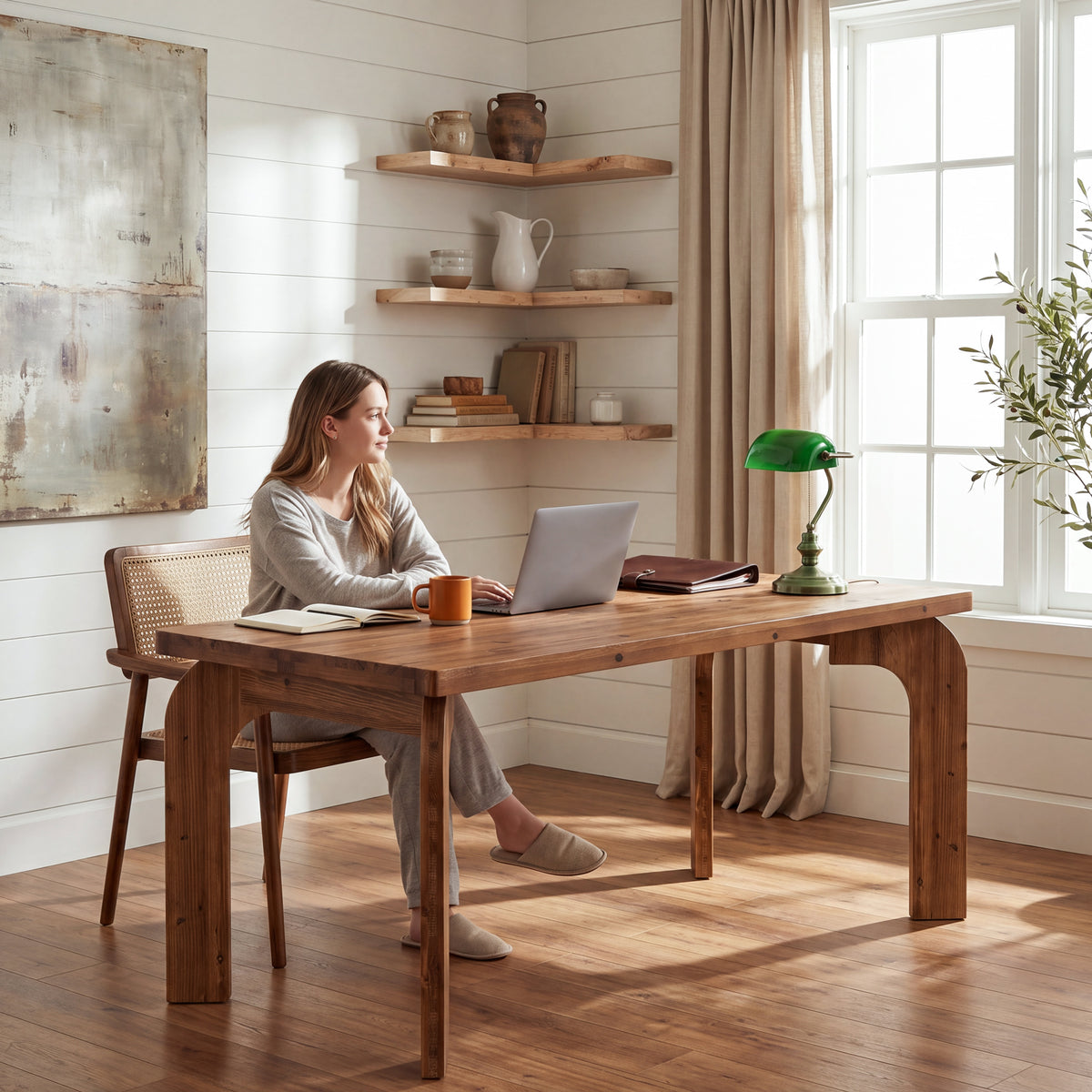 63" Solid Wood Executive Desk with Curved Legs, Rectangular Home Office Desk