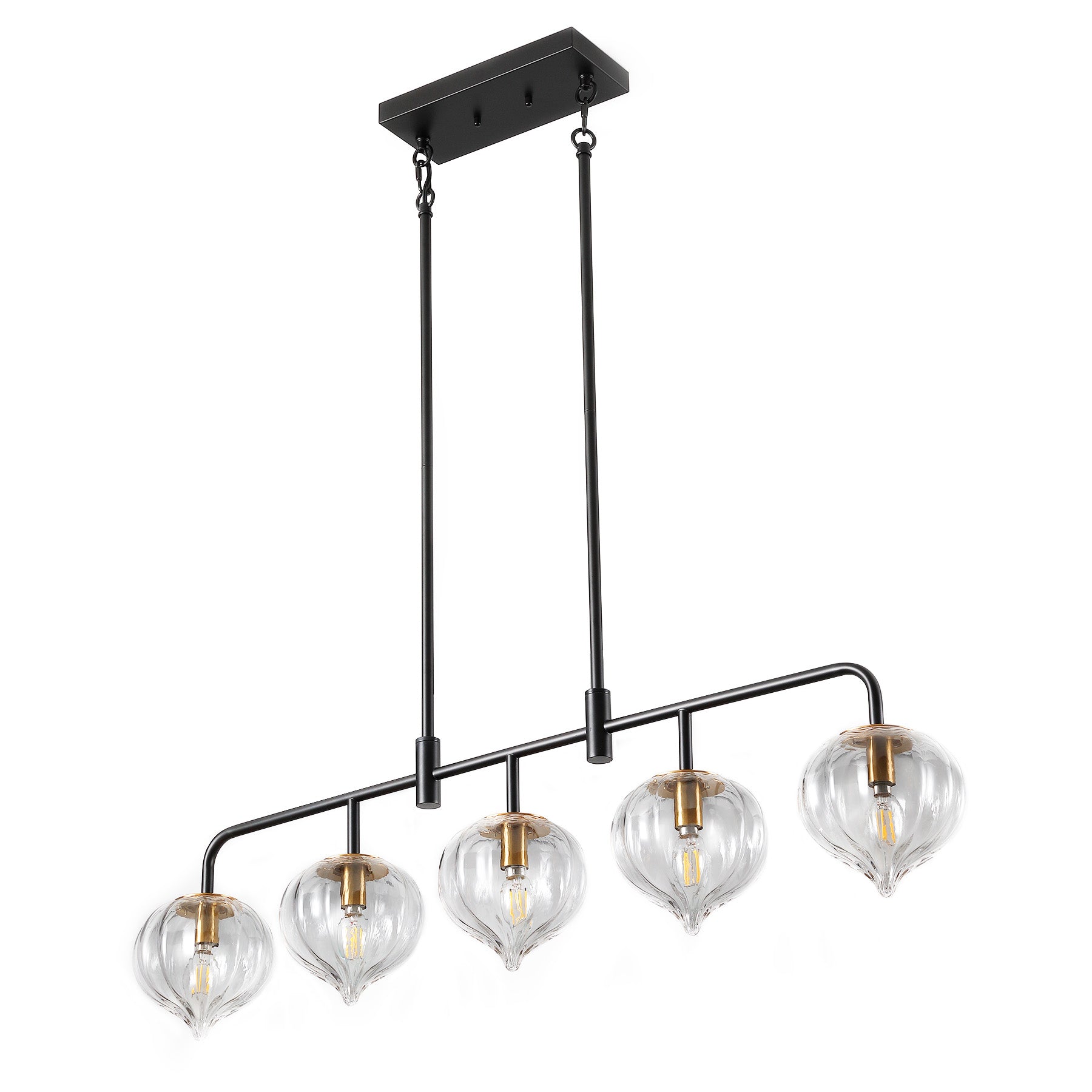 5-Light Pendant Light, Linear Kitchen Island Light Fixture with Adjustable Downrods & Clear Ribbed Glass Shades
