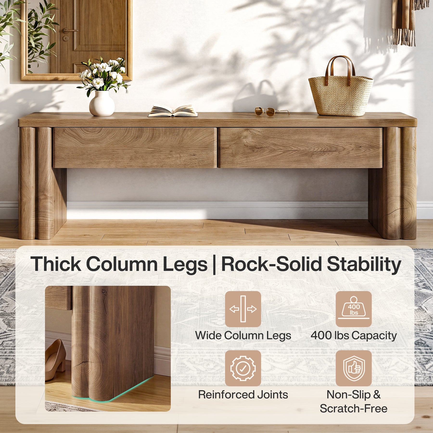 55" Entryway Bench with 2 Storage Drawers, Modern End of Bed Bench with Thick Legs