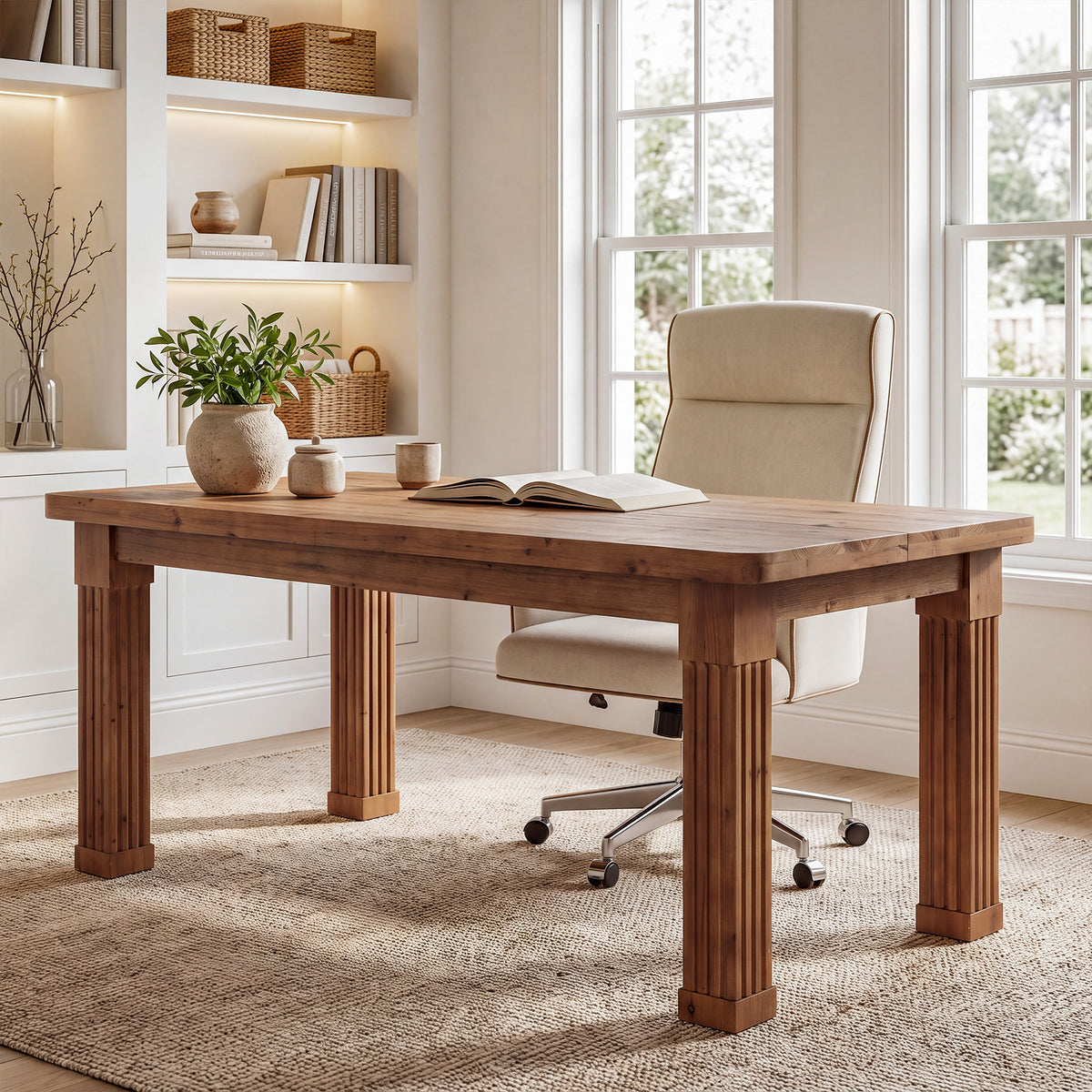 63" Farmhouse Solid Wood Executive Desk with Fluted Legs, Farmhouse Home Office Desk
