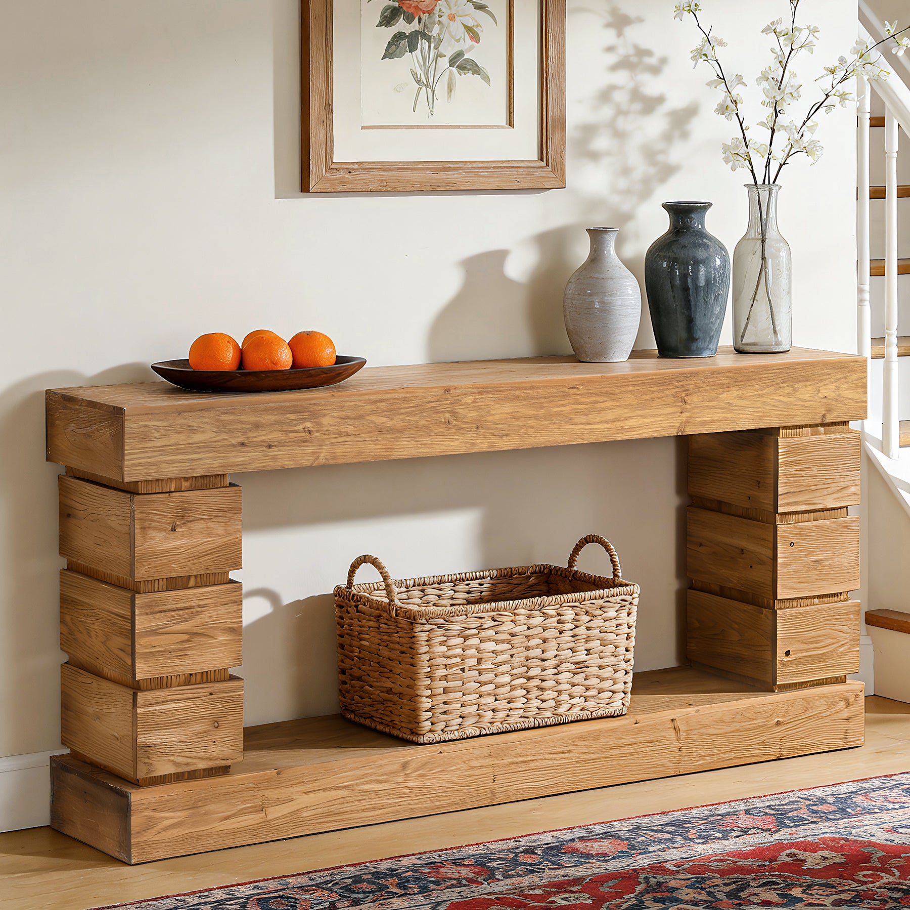 62.9" Solid Wood Console Table with Storage Shelf, Narrow Entryway Sofa Table for Hallway or Living Room