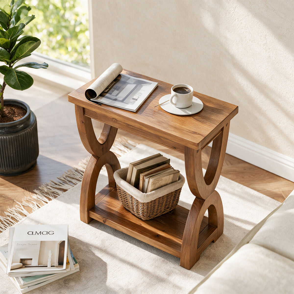 Solid Wood Side Table, 2-Tier Small End Table Bedside Table for Living Room