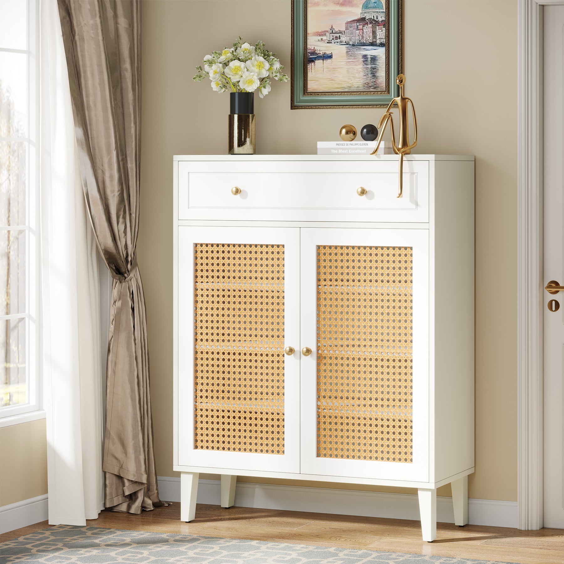 Rattan Storage Cabinet Sideboard with Adjustable Shelves and Drawer