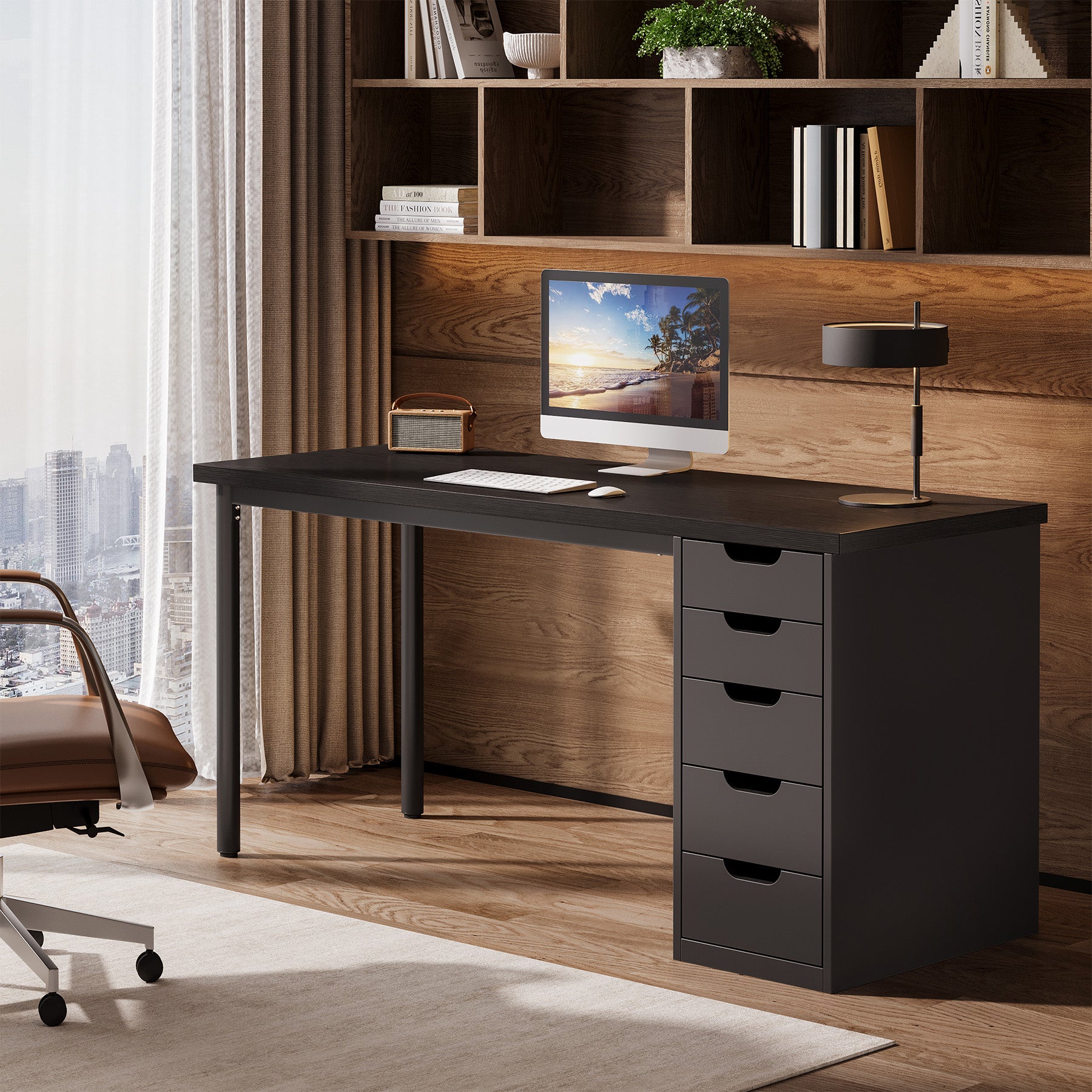 Tribesigns 47" Computer Desk with 5 Reversible Drawers, Rustic Home Office Workstation