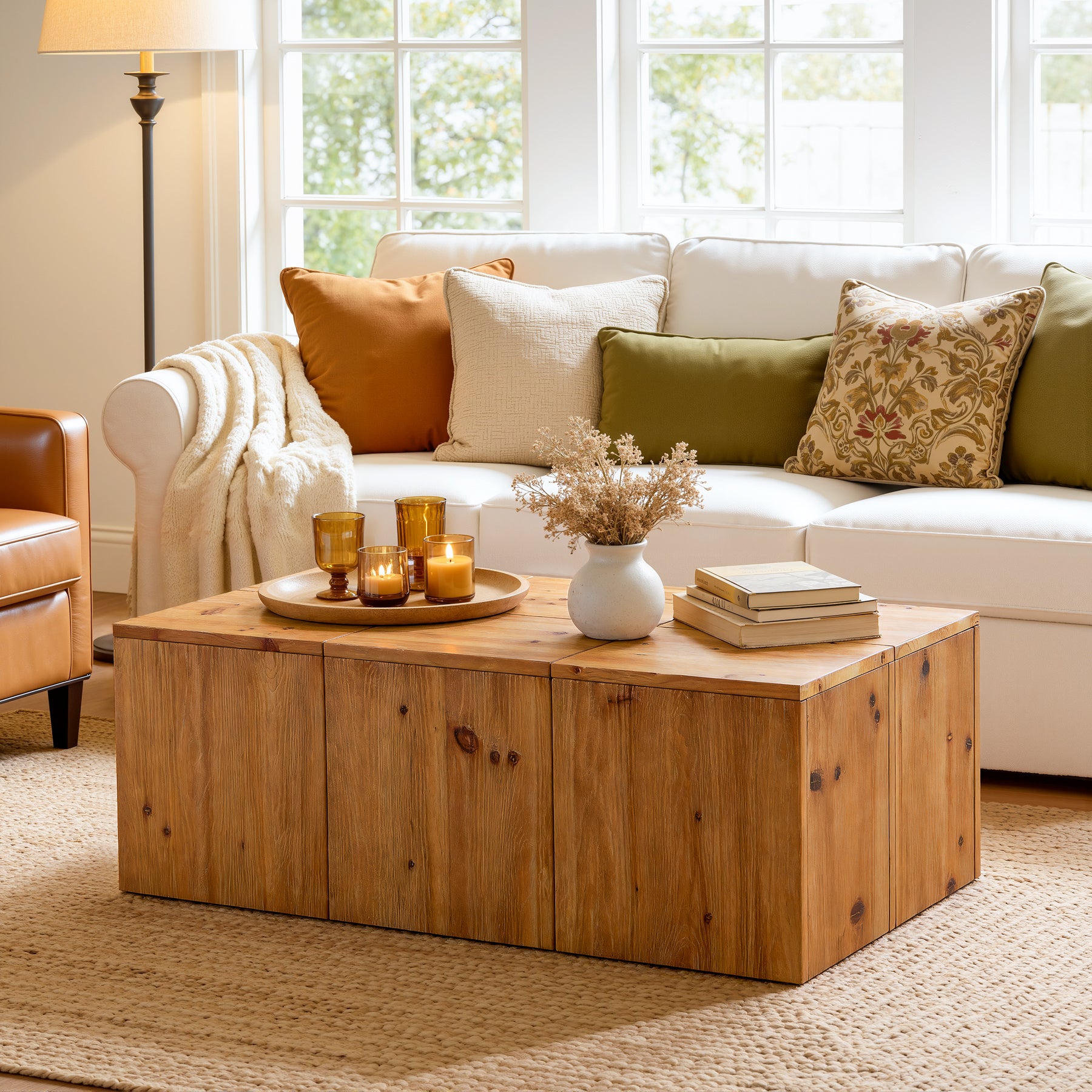 47" Rectangle Coffee Table, Solid Wood Center Table with Natural Wood Grain