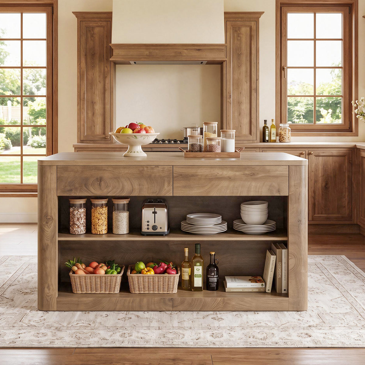 55" Kitchen Island with 2 Drawers & 3 Shelves, Farmhouse Stationary Island Table