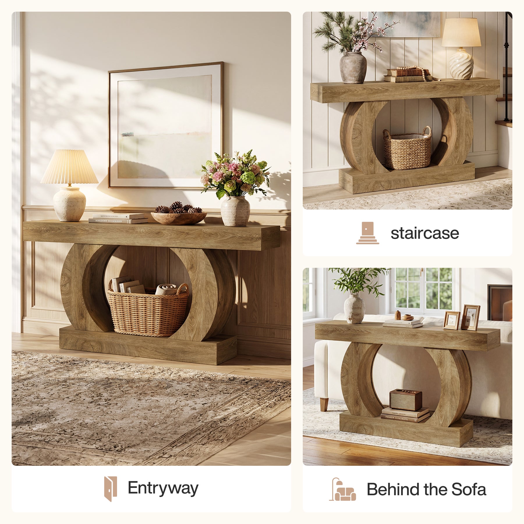 Farmhouse Console Table, 59" Entryway Table with Unique Circular Base for Hallway