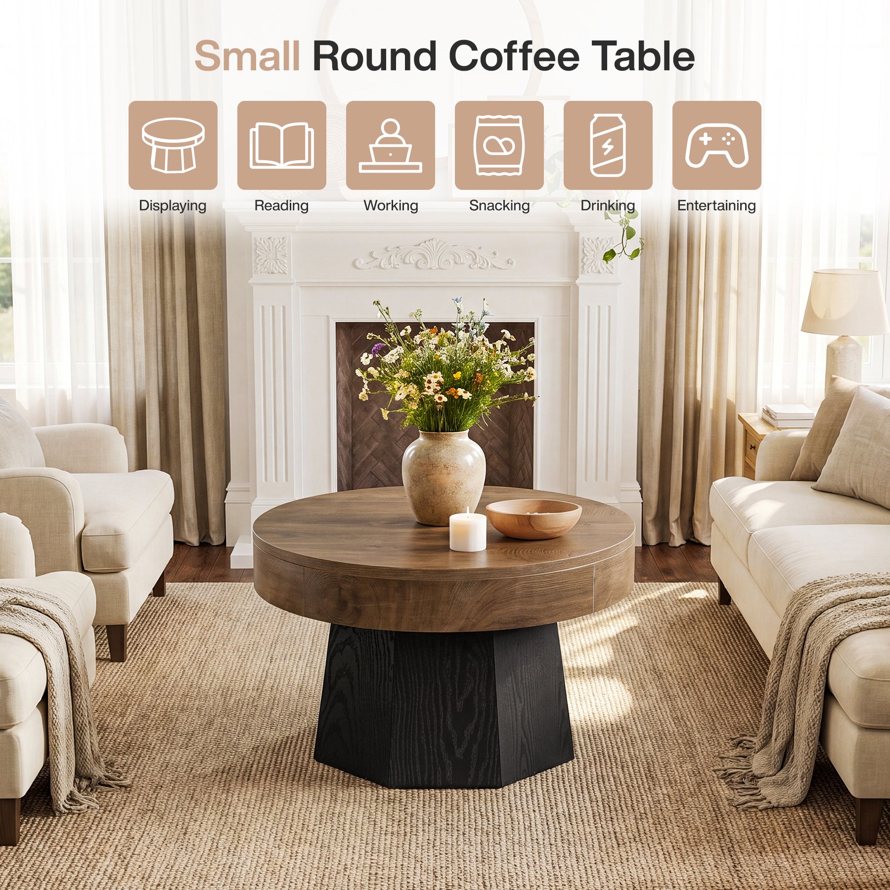 31.5" Round Coffee Table, octagonal base Tea Table for Living Room