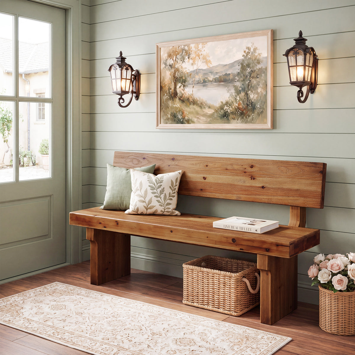 55" Solid Wood Entryway Bench with Backrest, Shoe Bench for Hallway & Mudroom