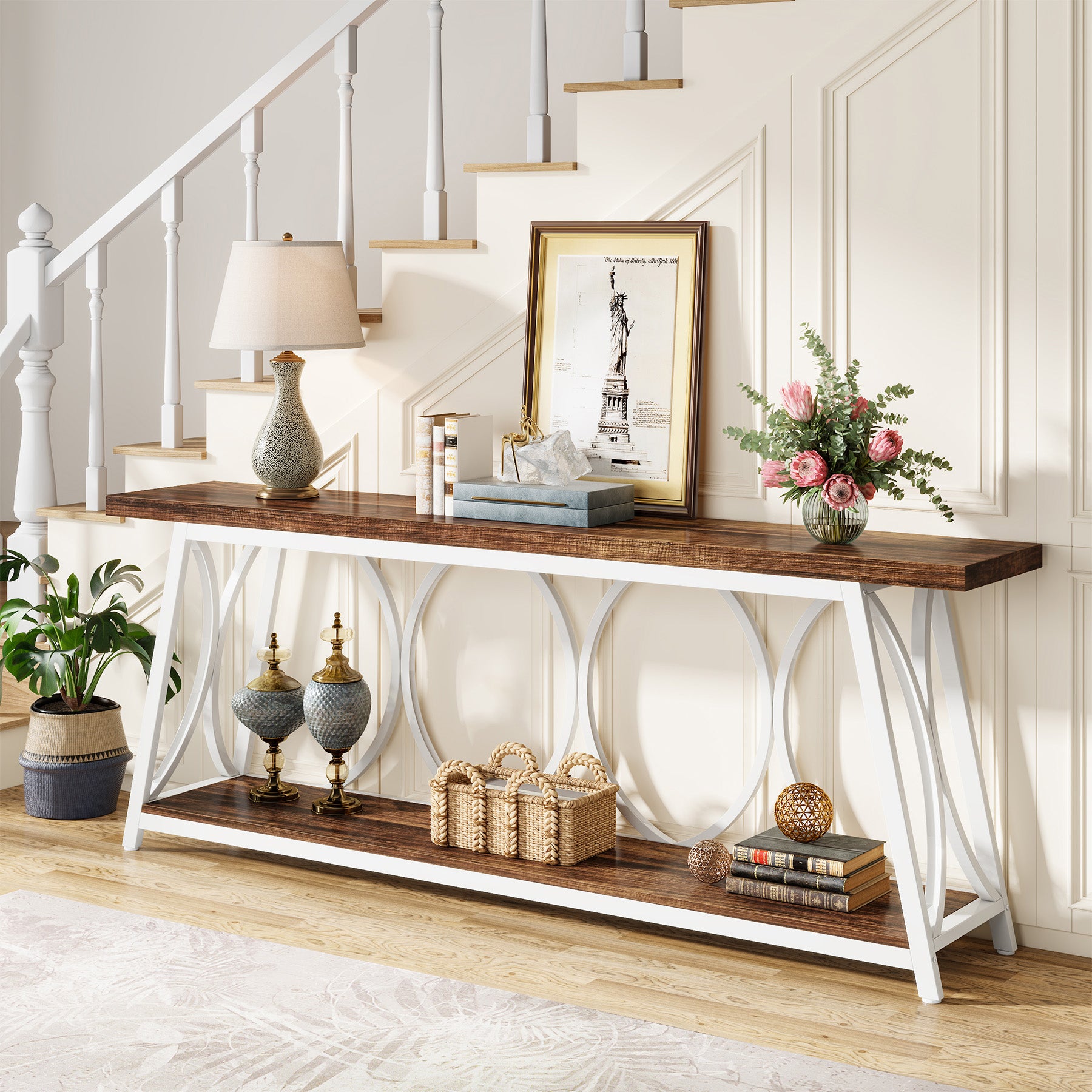 70.9" 2-Tier Industrial Console Table, Sofa Table with Shelves for Living Room or Entryway
