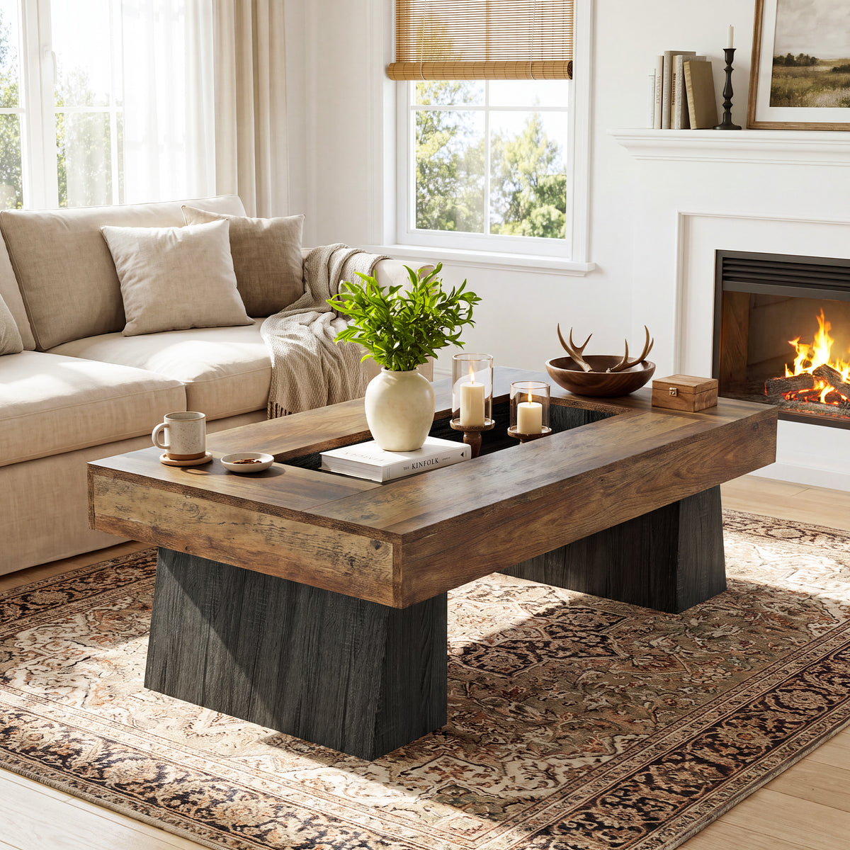 47.24 Inch Coffee Table with Recessed Storage Center, Rustic Modern Living Room Center Table