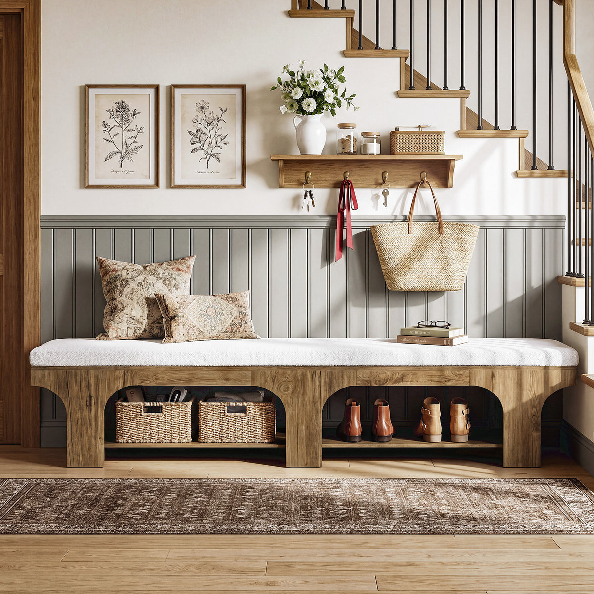 70.9" Entryway Shoe Bench with Storage Shelf & Teddy Sherpa Upholstered Seat for 2-3