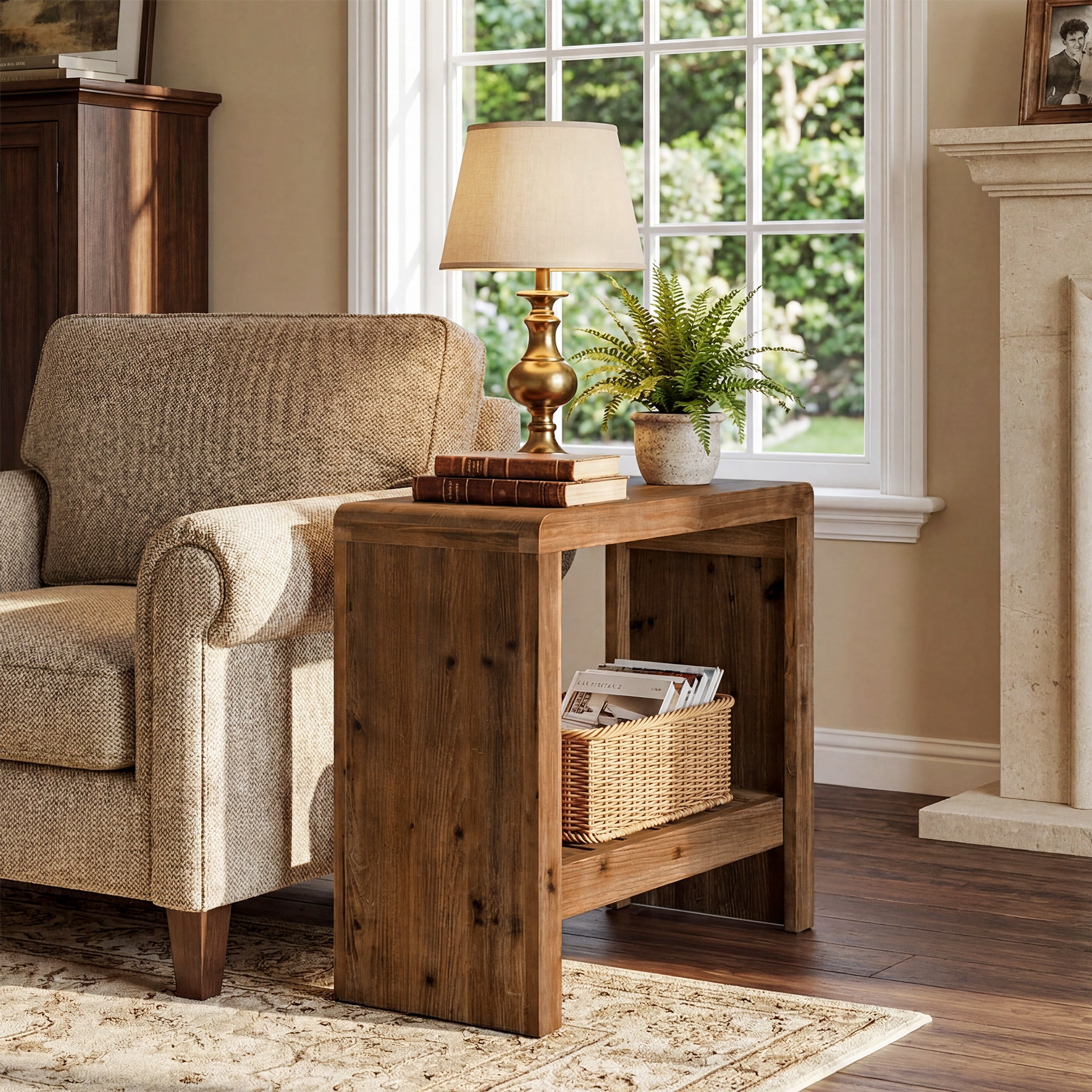 23.6" Solid Wood End Table, Narrow Sofa Side Table with Slatted Shelf