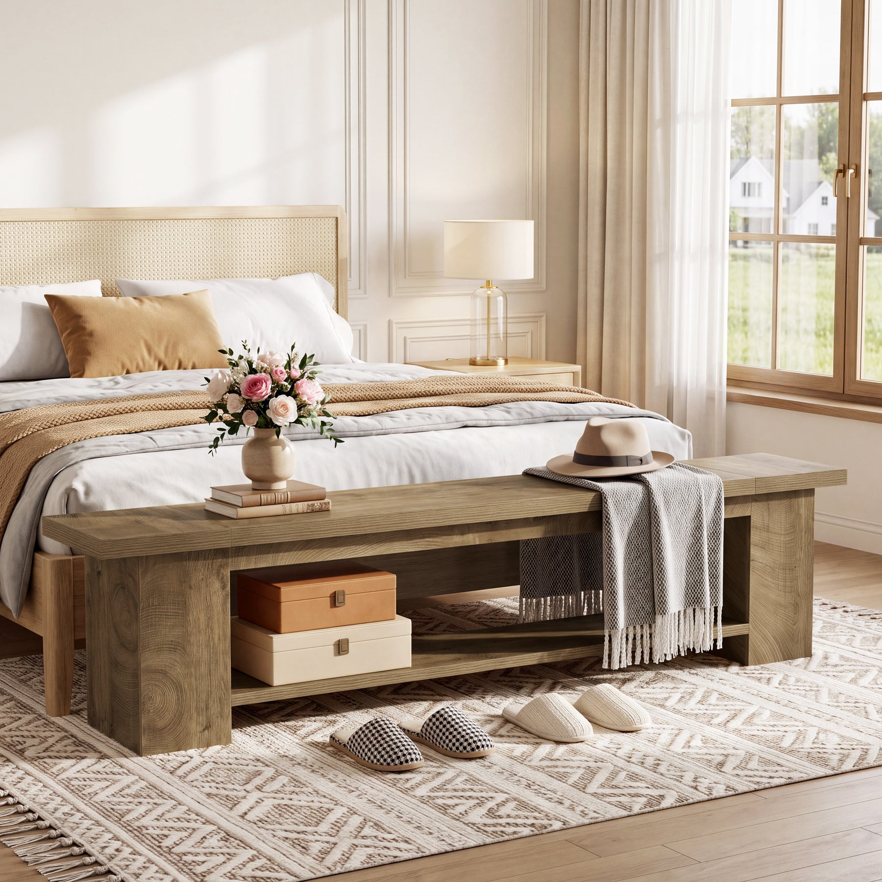 86.6" Extra-Long Entryway Bench, Farmhouse Shoe Bench with 2-Tier Storage