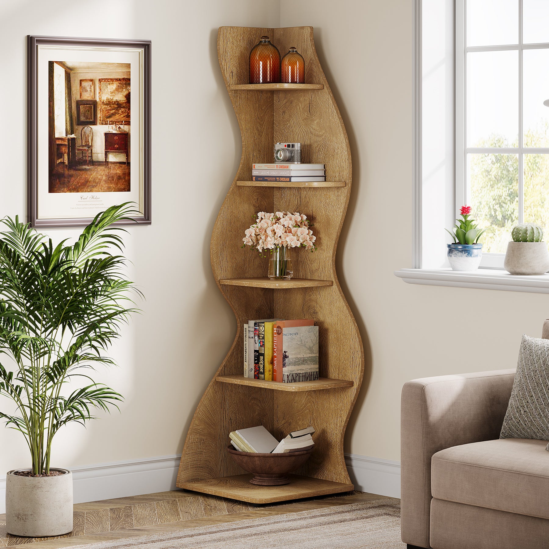 Wavy Corner Shelf, 5-Tier Bookshelf Bookcase Display Rack-Tribesigns