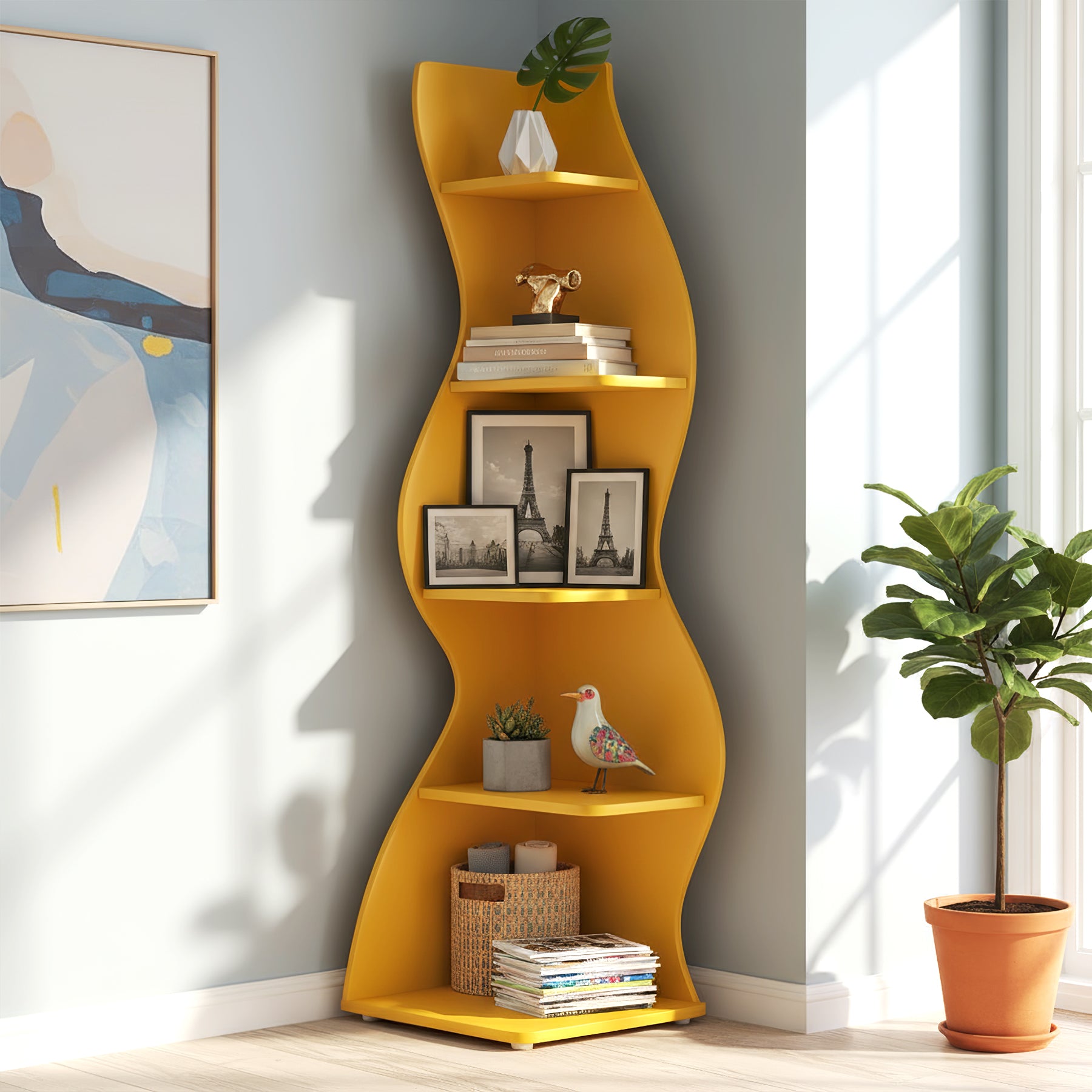 5-Tier Corner Bookcase, Rustic Freestanding Corner Shelf for Small Spaces