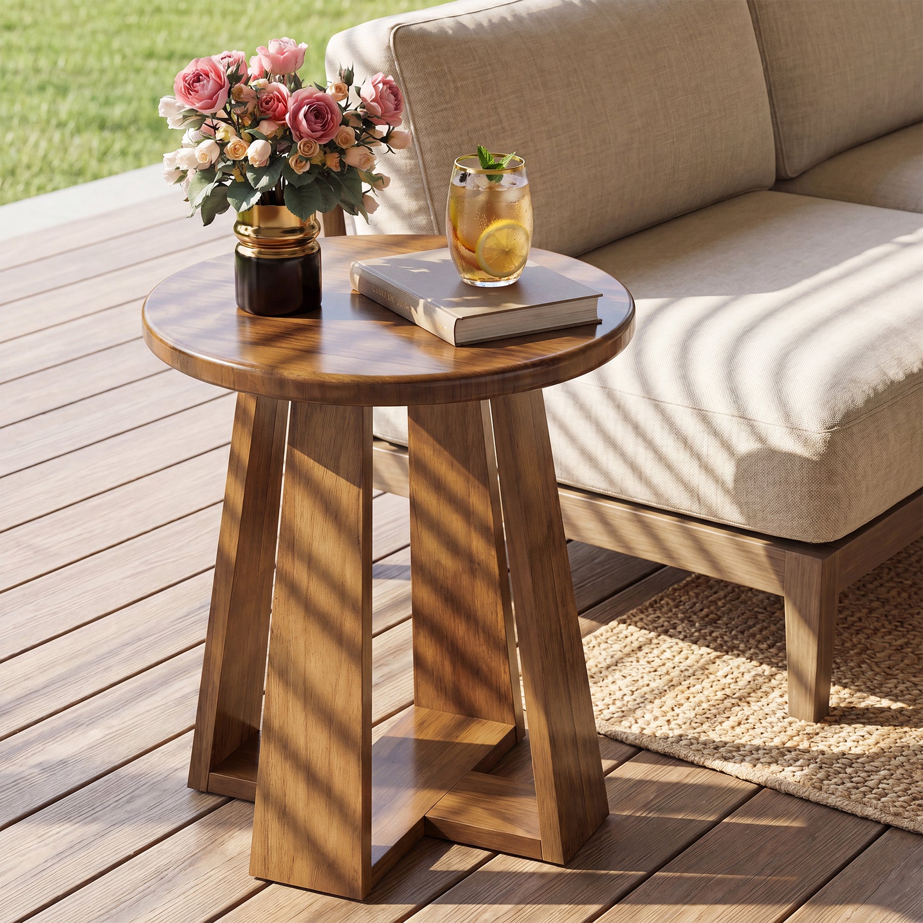 Modern Round End Table, Solid Wood Accent Side Table with Unique Geometric Legs