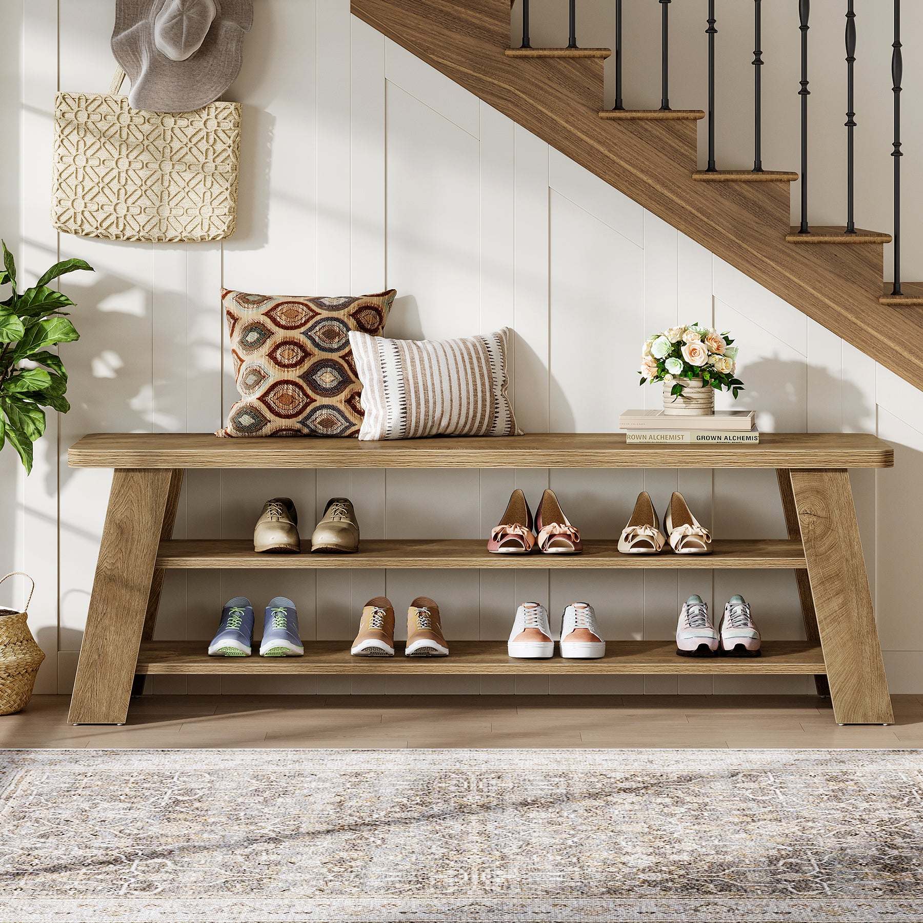 3-Tier Entryway Shoe Bench, 47" Dining Bench with Storage Shelves
