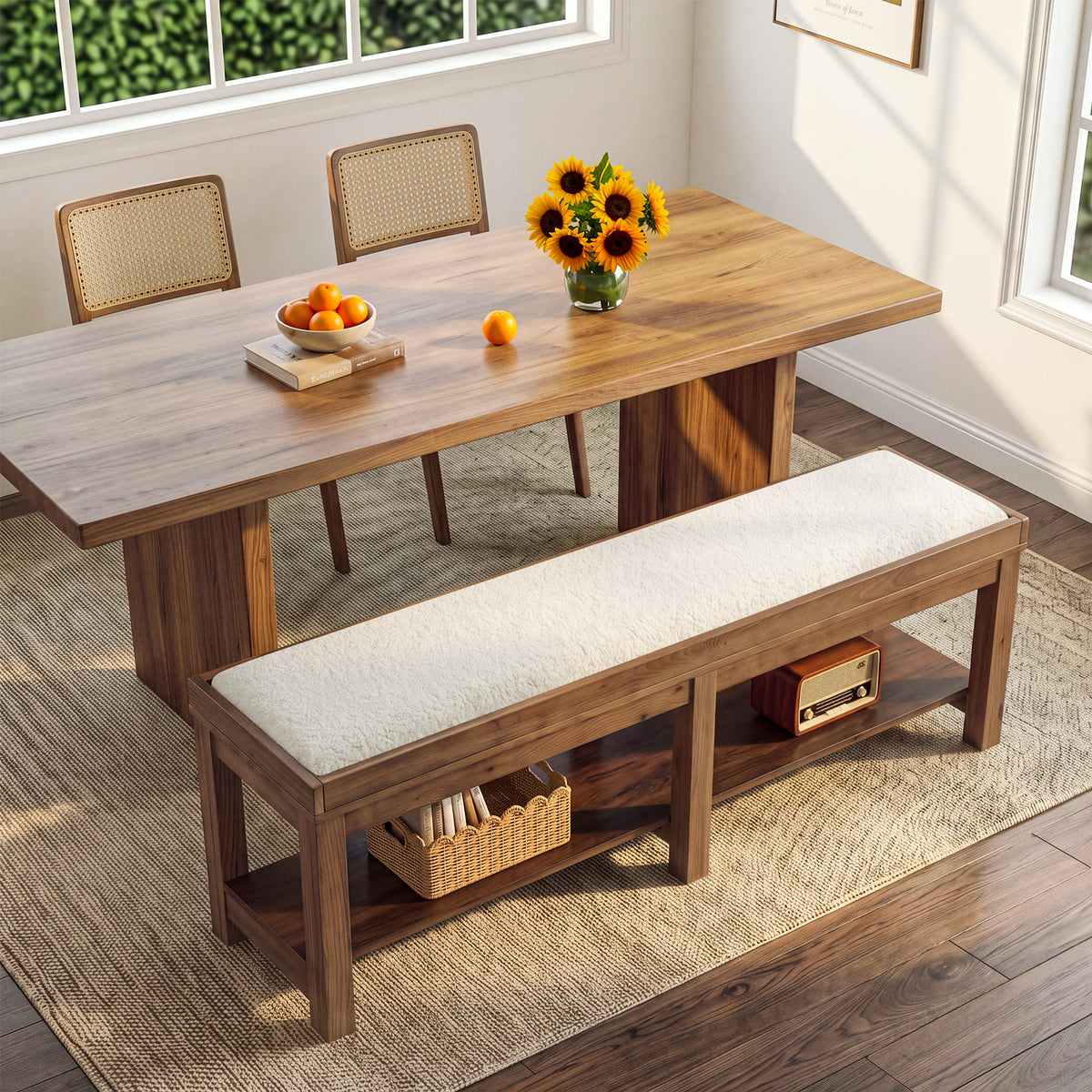 63" Solid Wood Dining Bench, Upholstered Kitchen Bench with Lower shelf