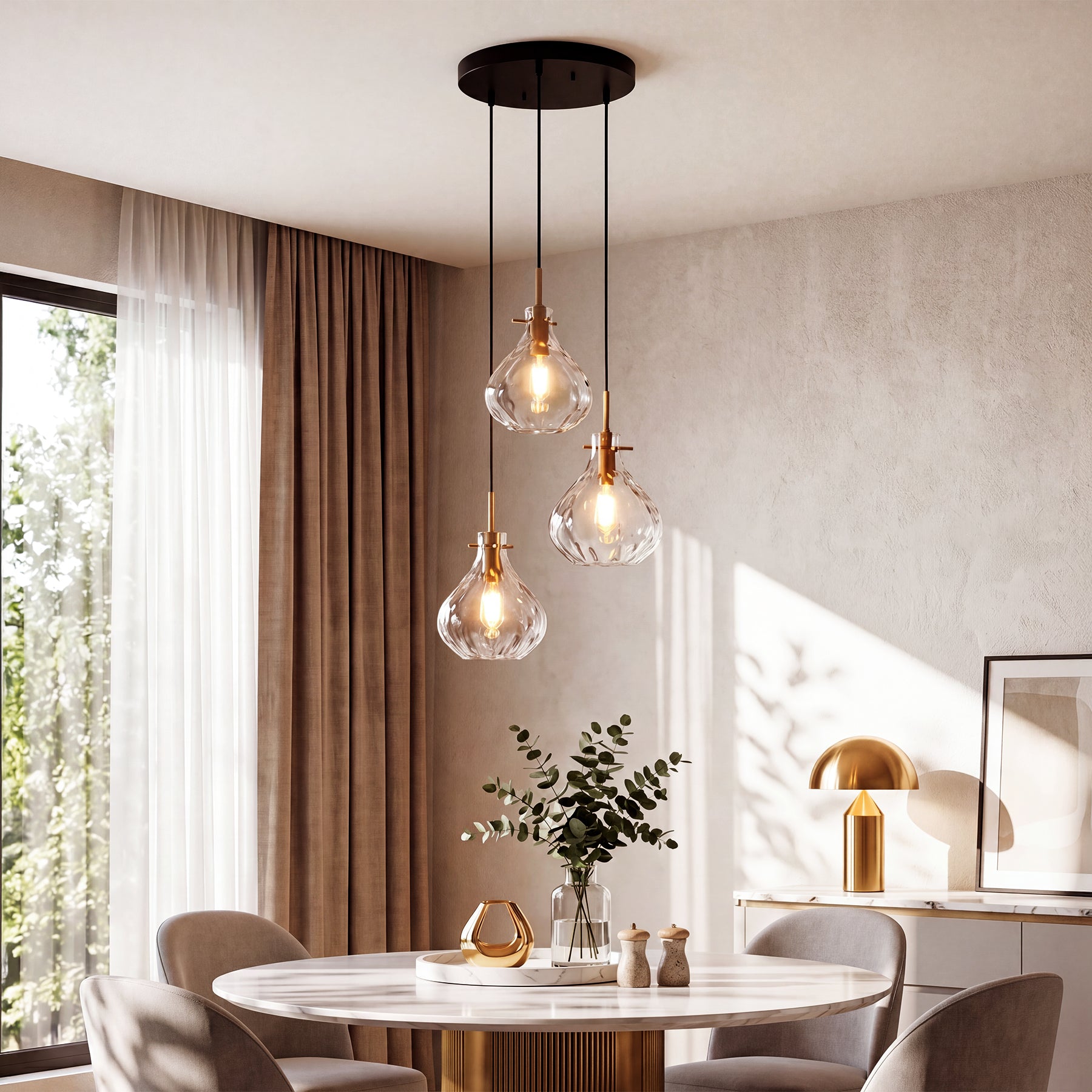 Modern 3-Light Pendant Lighting with Water Ripple Glass Shade, Kitchen Island Lighting with Adjustable Height
