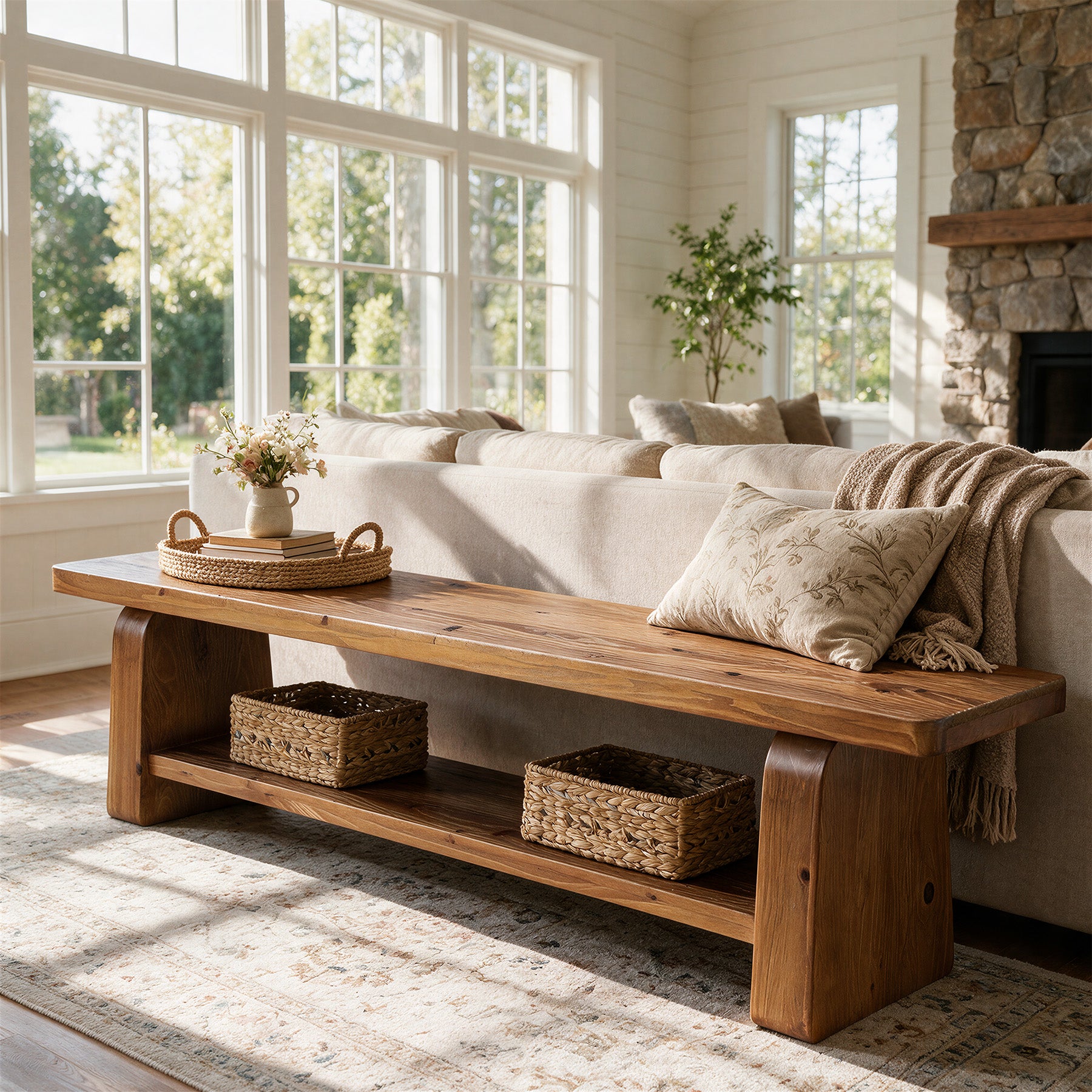 63-Inch Solid Wood Entryway Bench, 2-Tier Shoe Bench with Storage for Hallway