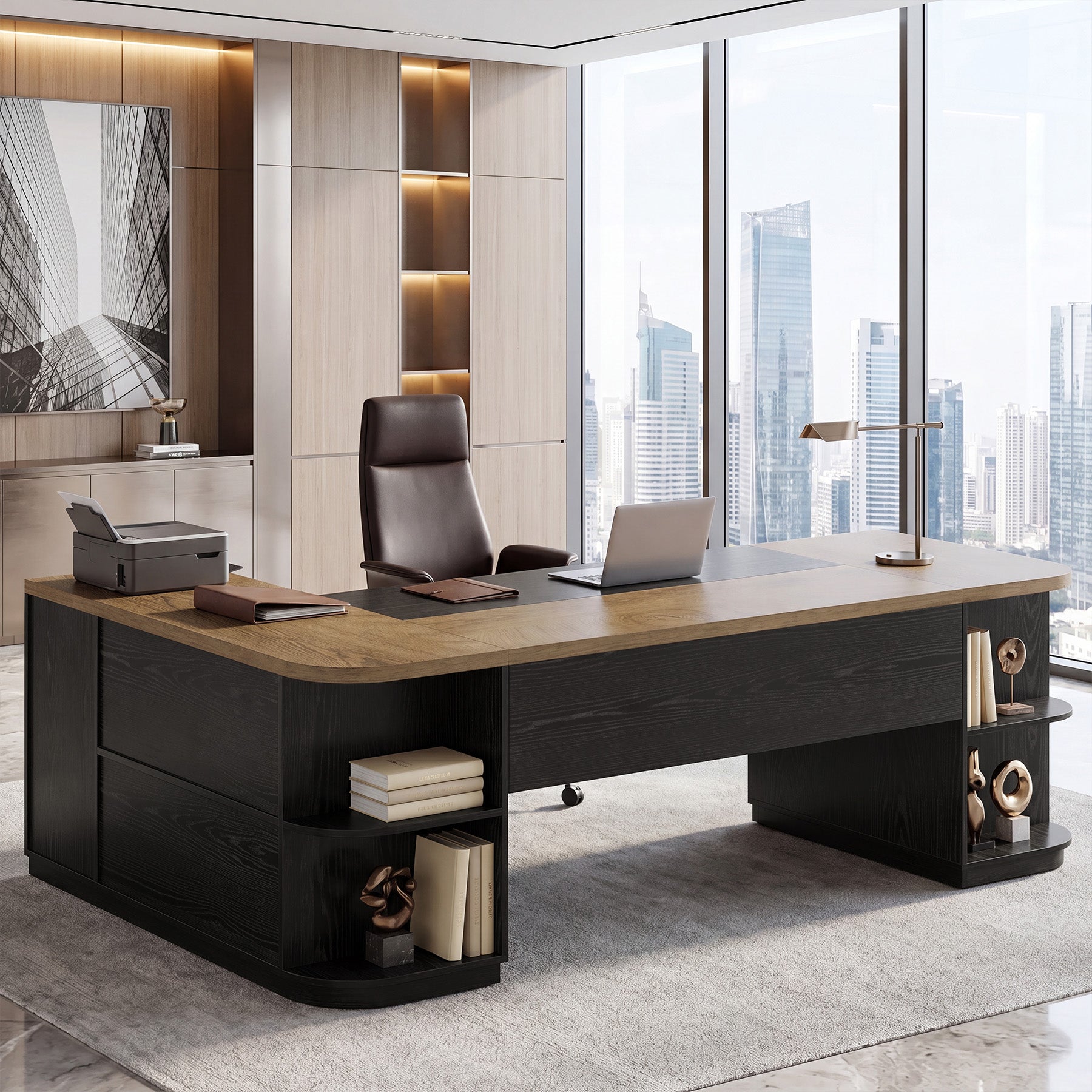86.6" L-Shaped Executive Desk, Large Computer Desk with Drawers & 55" File Cabinet