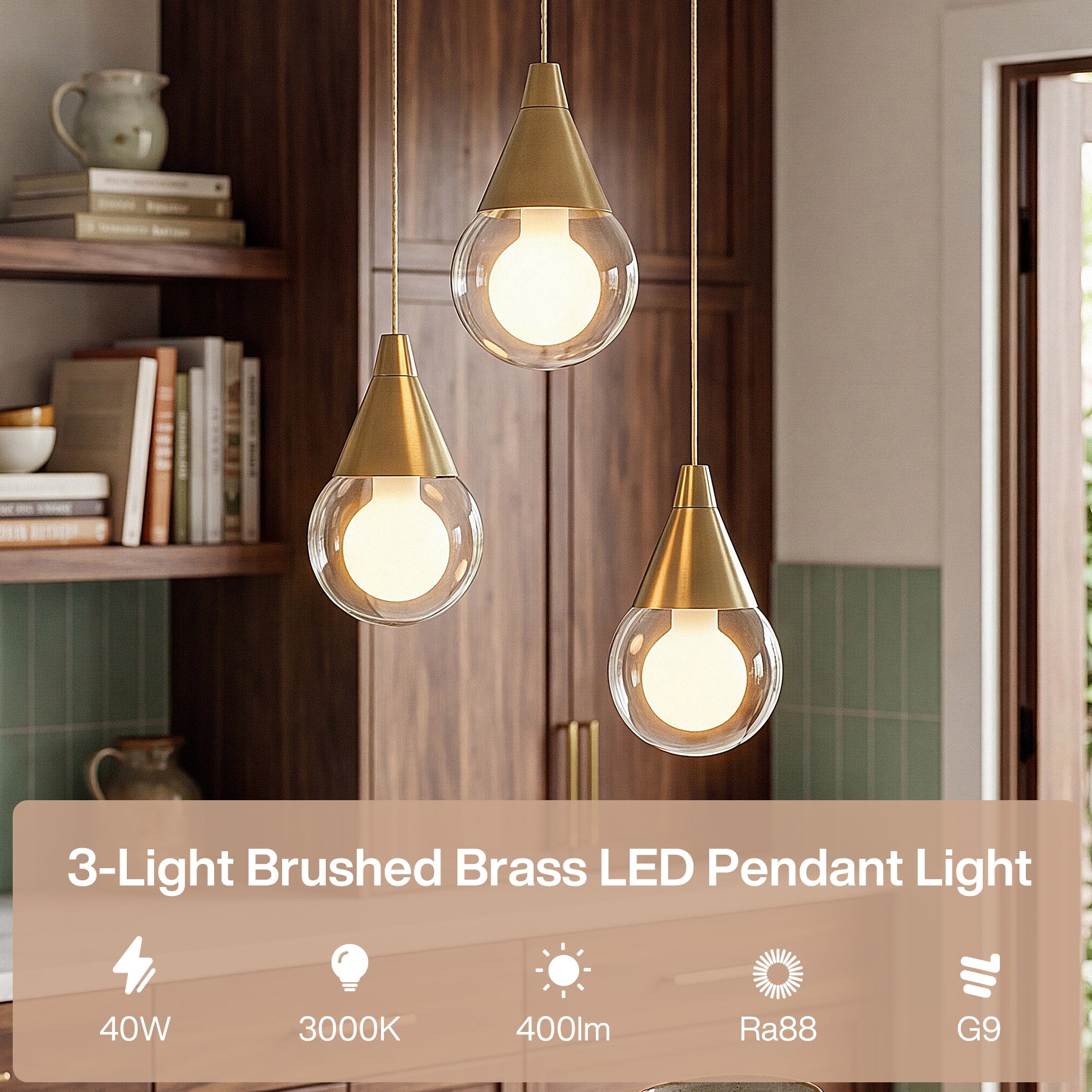 3-Light Pendant Light, Brushed Brass Adjustable Ceiling Light Fixtures