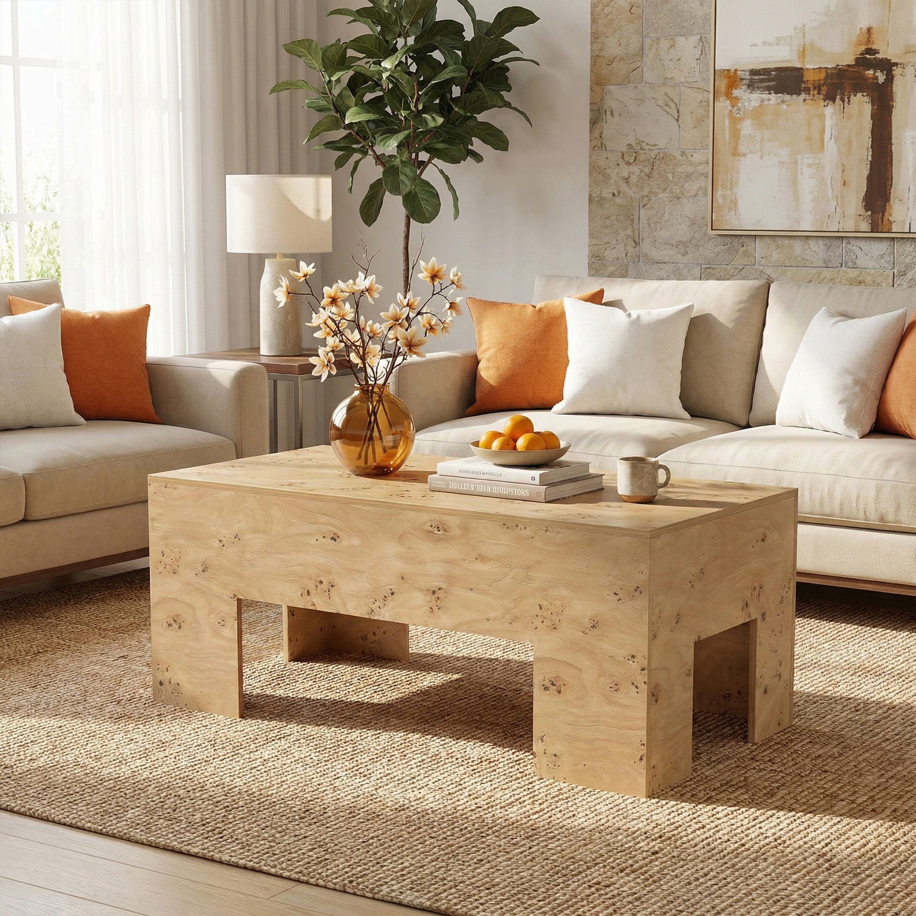 Tribesigns 55.12" Wood Coffee Table, Burl Veneer Center Table for Living Room