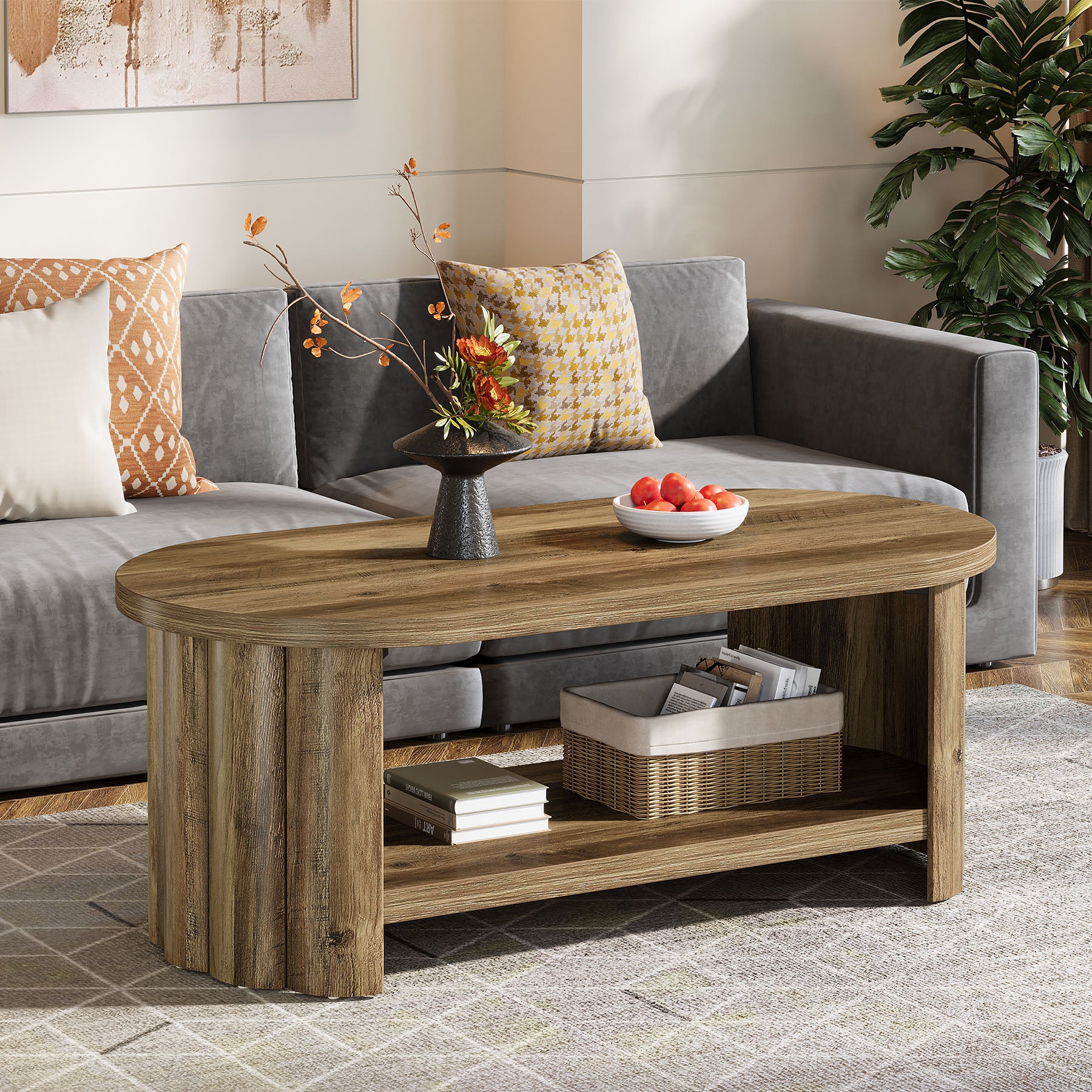 47.24" Oval Coffee Table, 2-Tier Accent Center Table with Storage Shelf for Living Room