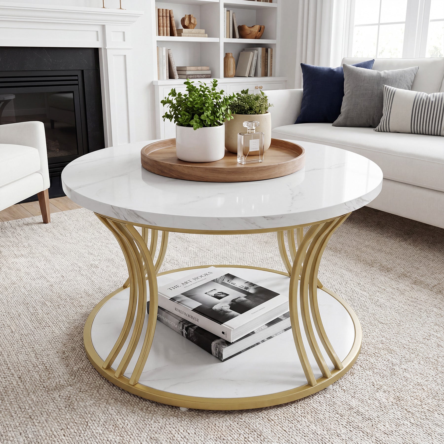 31.5" Round Coffee Table, 2-Tier Modern Faux Marble Center Cocktail Table