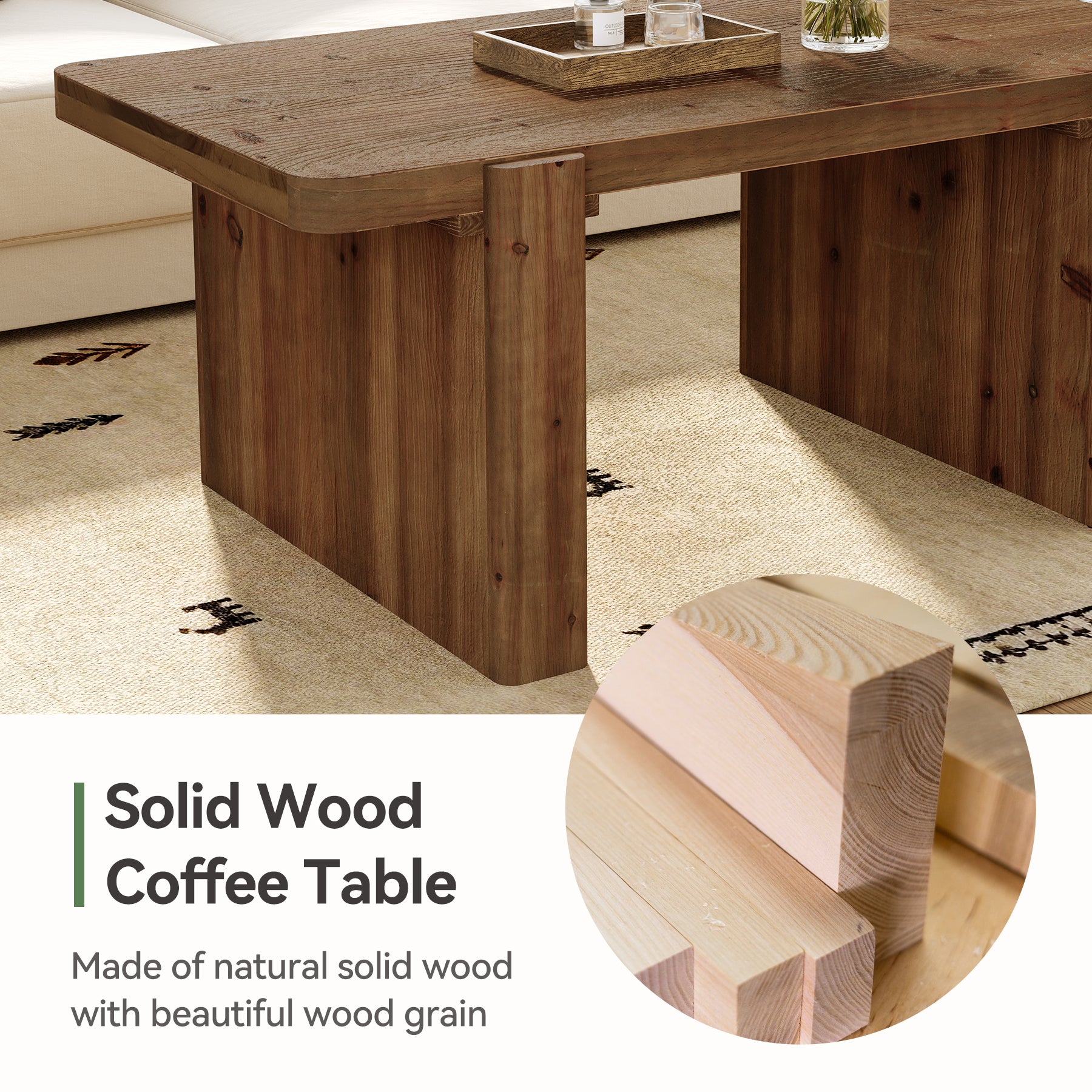 47" Solid Wood Coffee Table, Rectangular Center Table with Heavy-Duty Legs