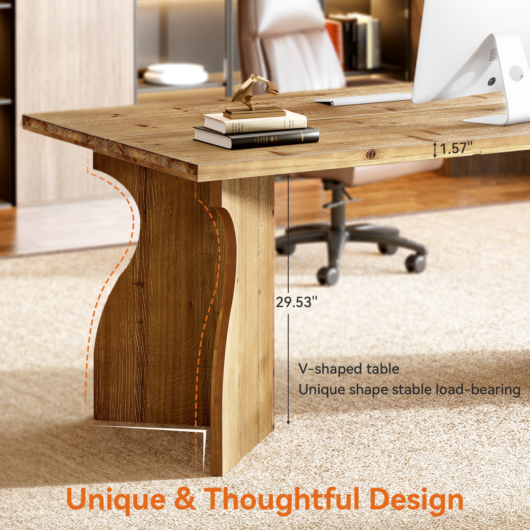 Solid Wood Executive Desk, 63" Office Computer Desk with V-Shaped Legs