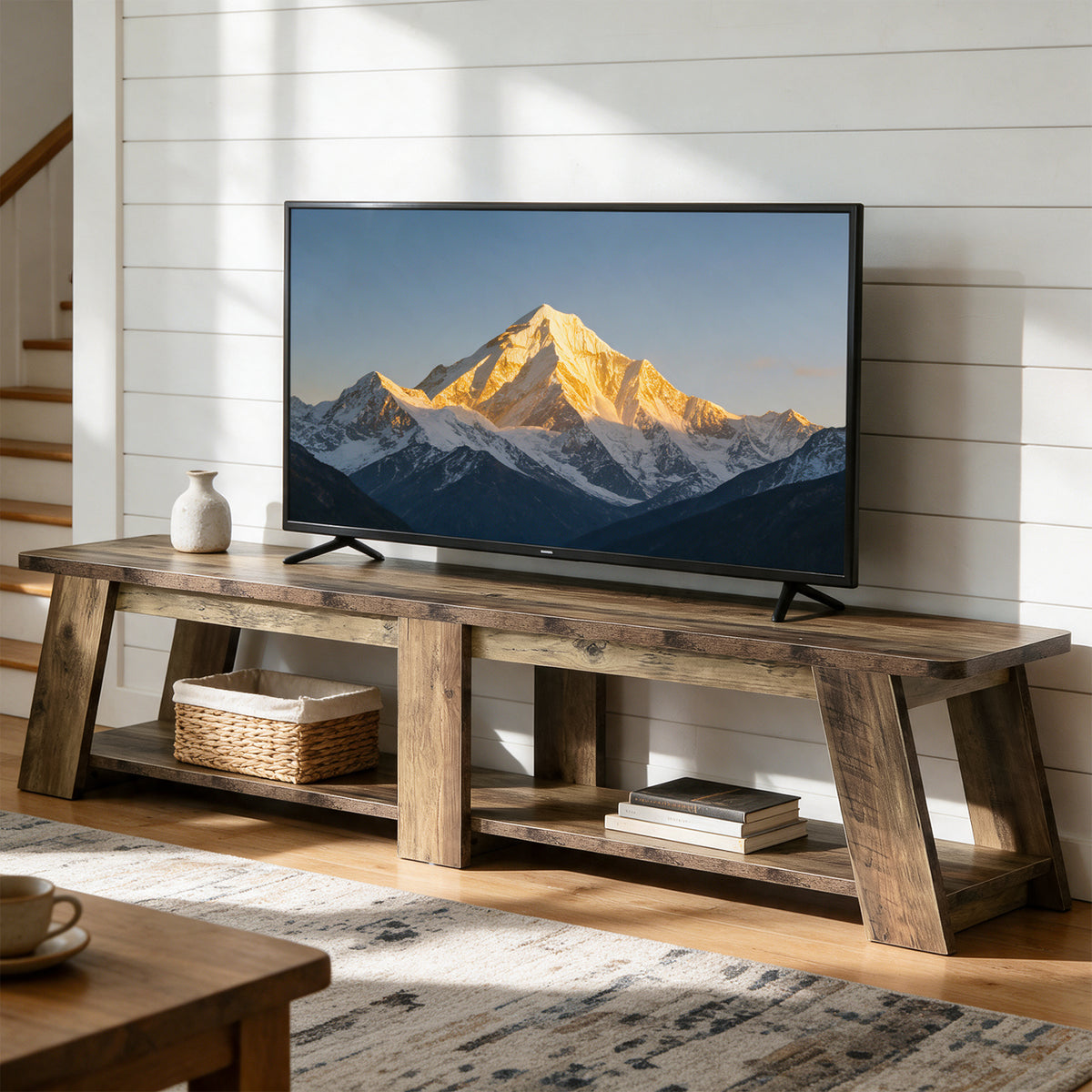 71" TV Stand for Up to 80" TVs, 2-Tier Entertainment Center with Trapezoid-Style Frame for Living Room