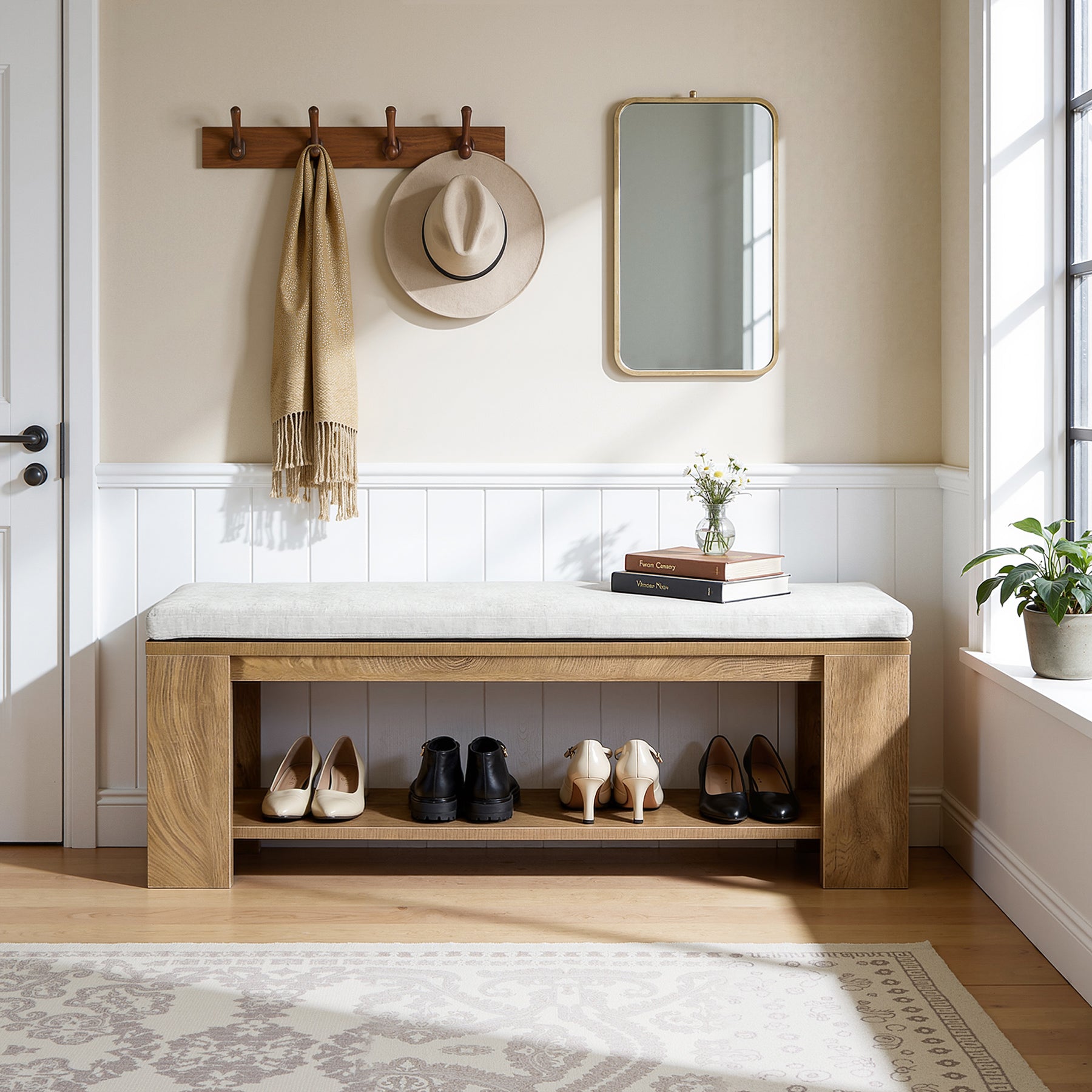 47" Upholstered Entryway Bench, Indoor End of Bed Bench with Padded Seat